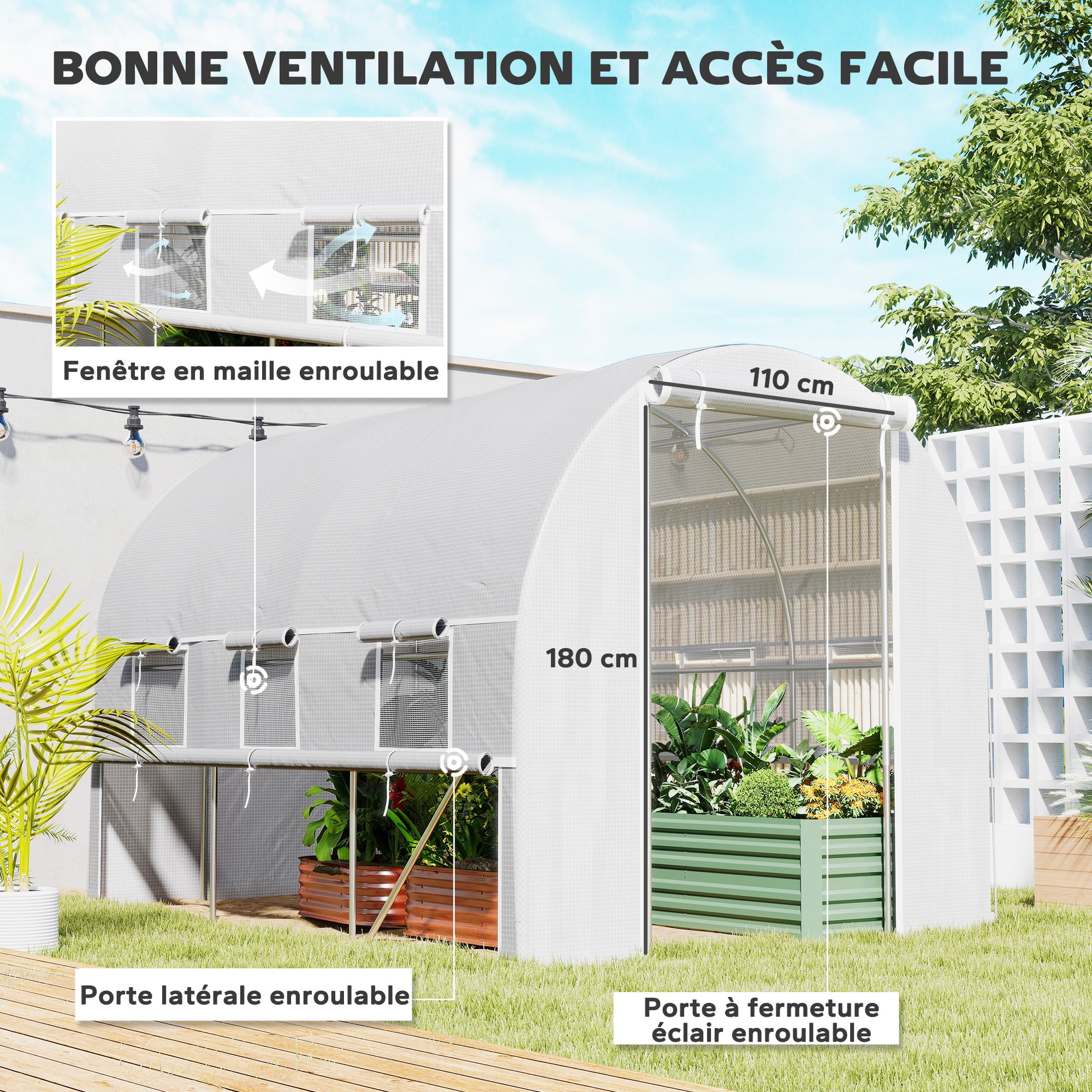 Garden Tunnel Greenhouse, 6m² tunnel greenhouse with 6 roll-up windows and 1 door, PE cover galvanized steel structure, white