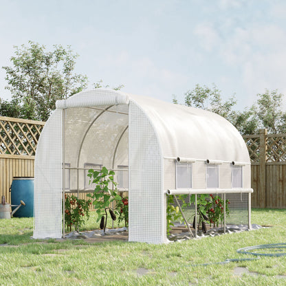 Garden Tunnel Greenhouse, 6m² tunnel greenhouse with 6 roll-up windows and 1 door, PE cover galvanized steel structure, white