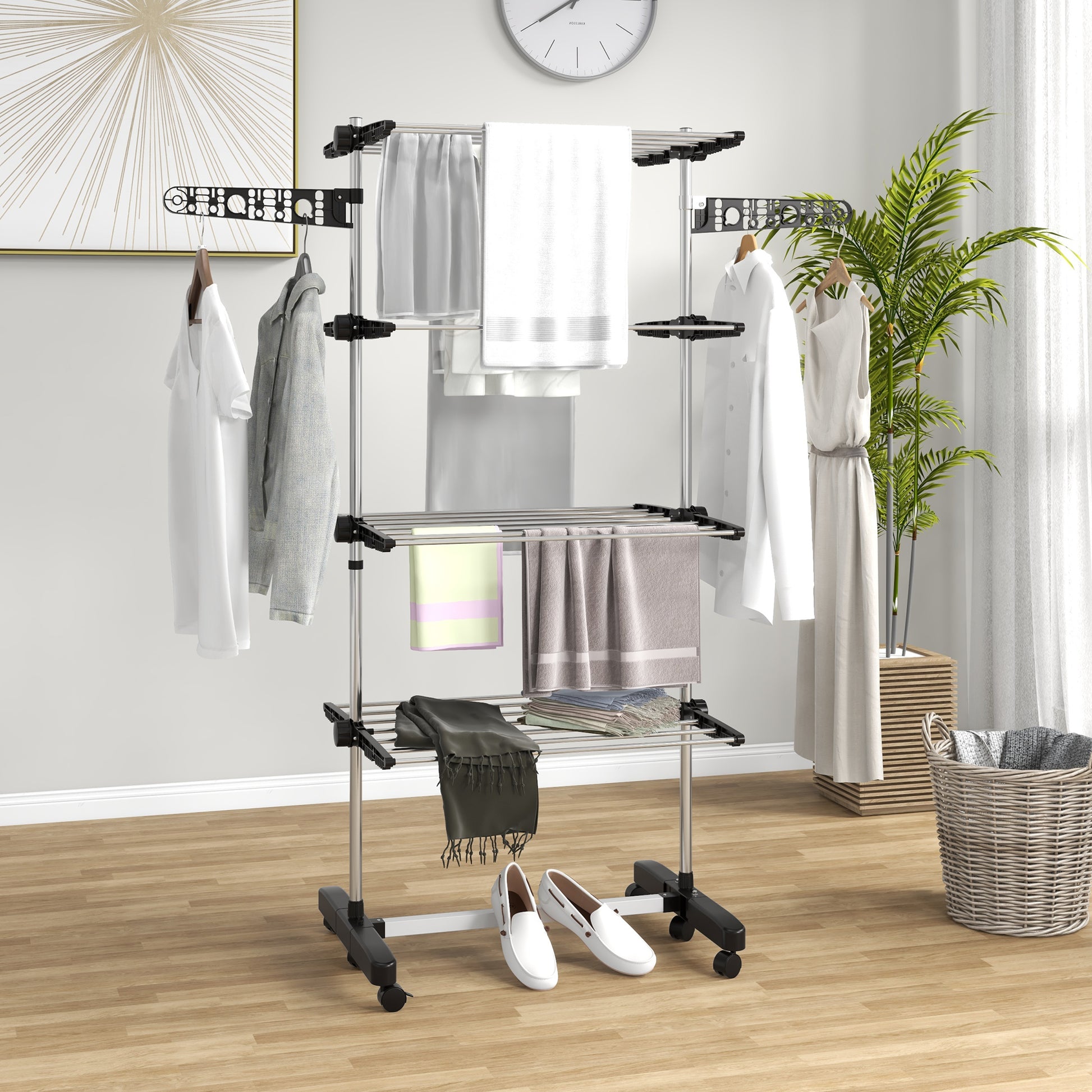Laundry Stand Tower Dryer with 4 Levels, Foldable Wings, Wheels, Tower Clothes Drying Rack for Indoor and Outdoor Use, 142 x 55 x 172 cm, Black