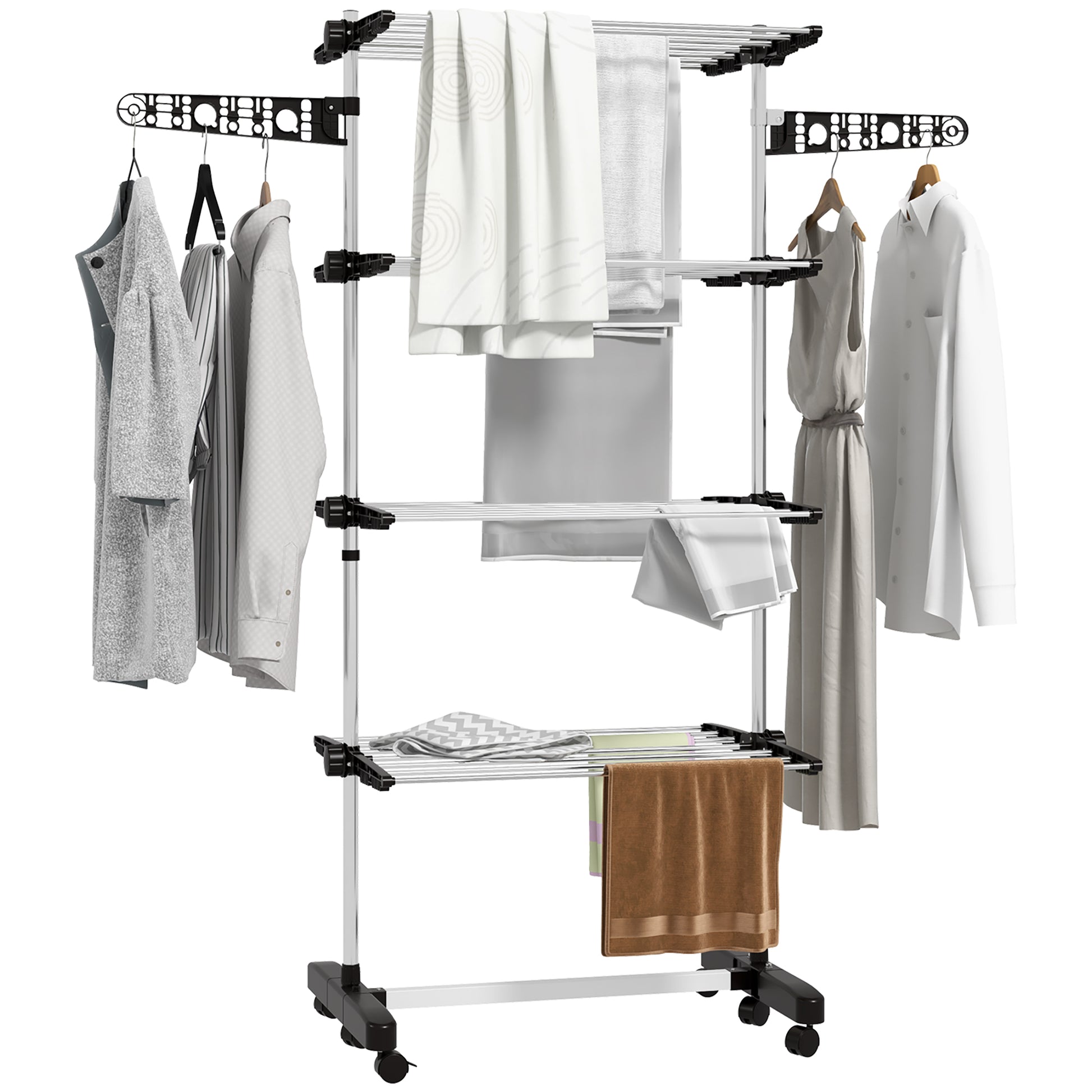 Laundry Stand Tower Dryer with 4 Levels, Foldable Wings, Wheels, Tower Clothes Drying Rack for Indoor and Outdoor Use, 142 x 55 x 172 cm, Black