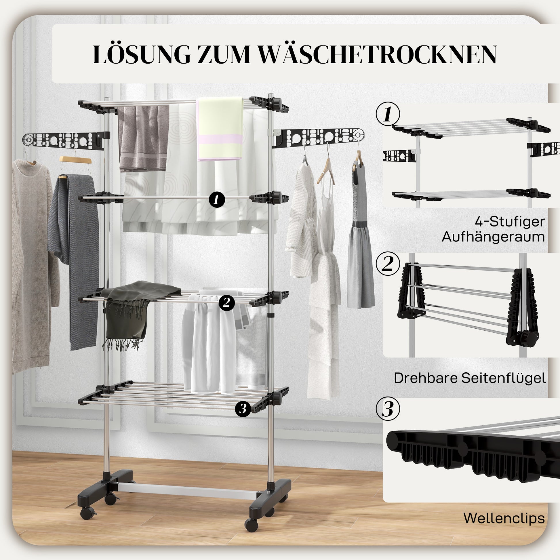 Laundry Stand Tower Dryer with 4 Levels, Foldable Wings, Wheels, Tower Clothes Drying Rack for Indoor and Outdoor Use, 142 x 55 x 172 cm, Black