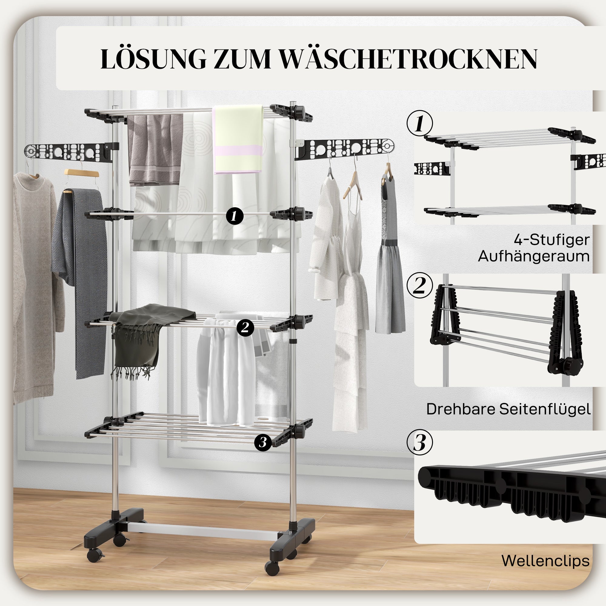 Laundry Stand Tower Dryer with 4 Levels, Foldable Wings, Wheels, Tower Clothes Drying Rack for Indoor and Outdoor Use, 142 x 55 x 172 cm, Black