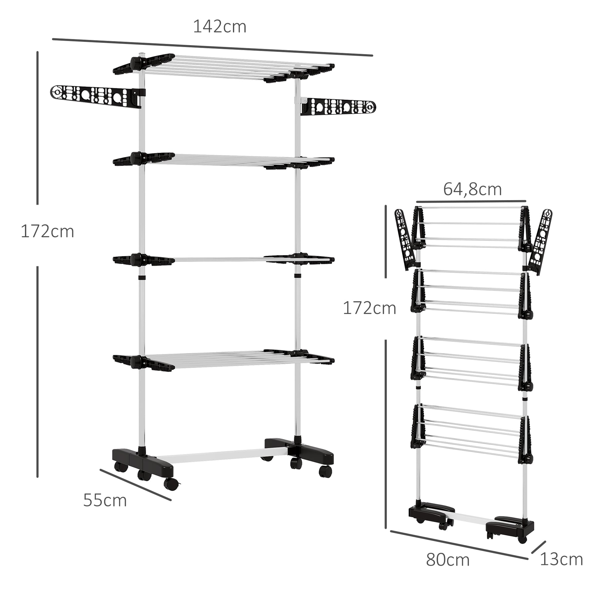 Laundry Stand Tower Dryer with 4 Levels, Foldable Wings, Wheels, Tower Clothes Drying Rack for Indoor and Outdoor Use, 142 x 55 x 172 cm, Black