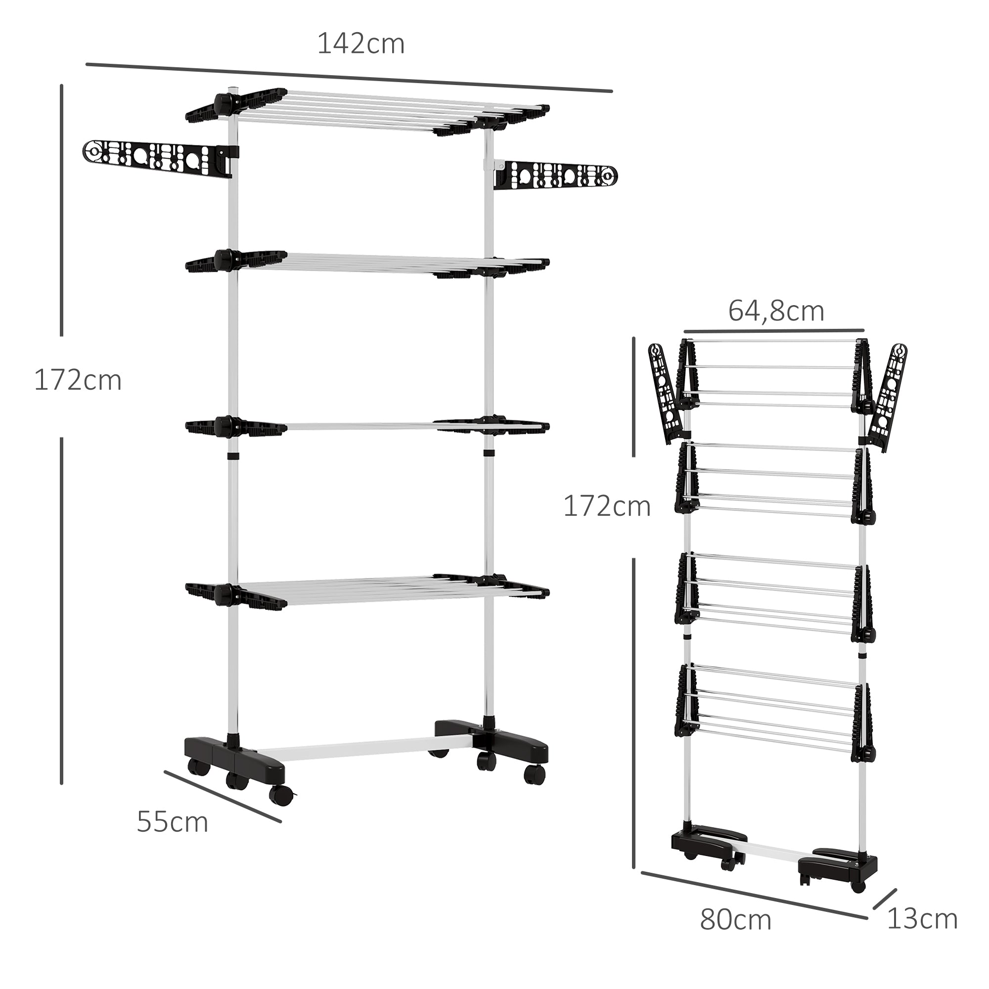Laundry Stand Tower Dryer with 4 Levels, Foldable Wings, Wheels, Tower Clothes Drying Rack for Indoor and Outdoor Use, 142 x 55 x 172 cm, Black