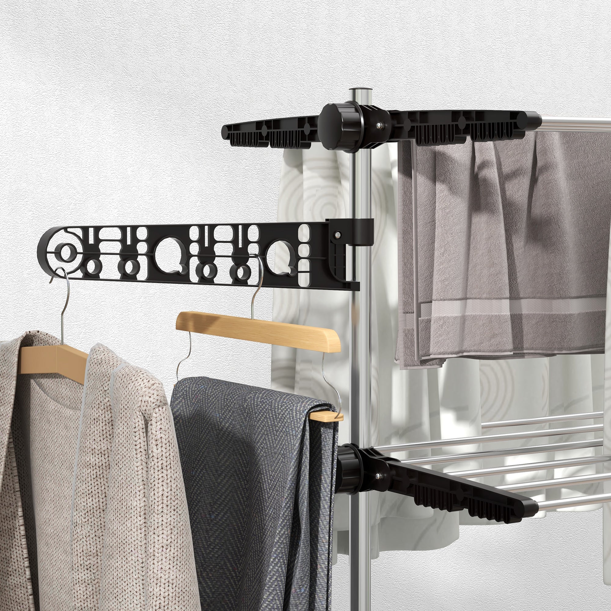 Laundry Stand Tower Dryer with 4 Levels, Foldable Wings, Wheels, Tower Clothes Drying Rack for Indoor and Outdoor Use, 142 x 55 x 172 cm, Black