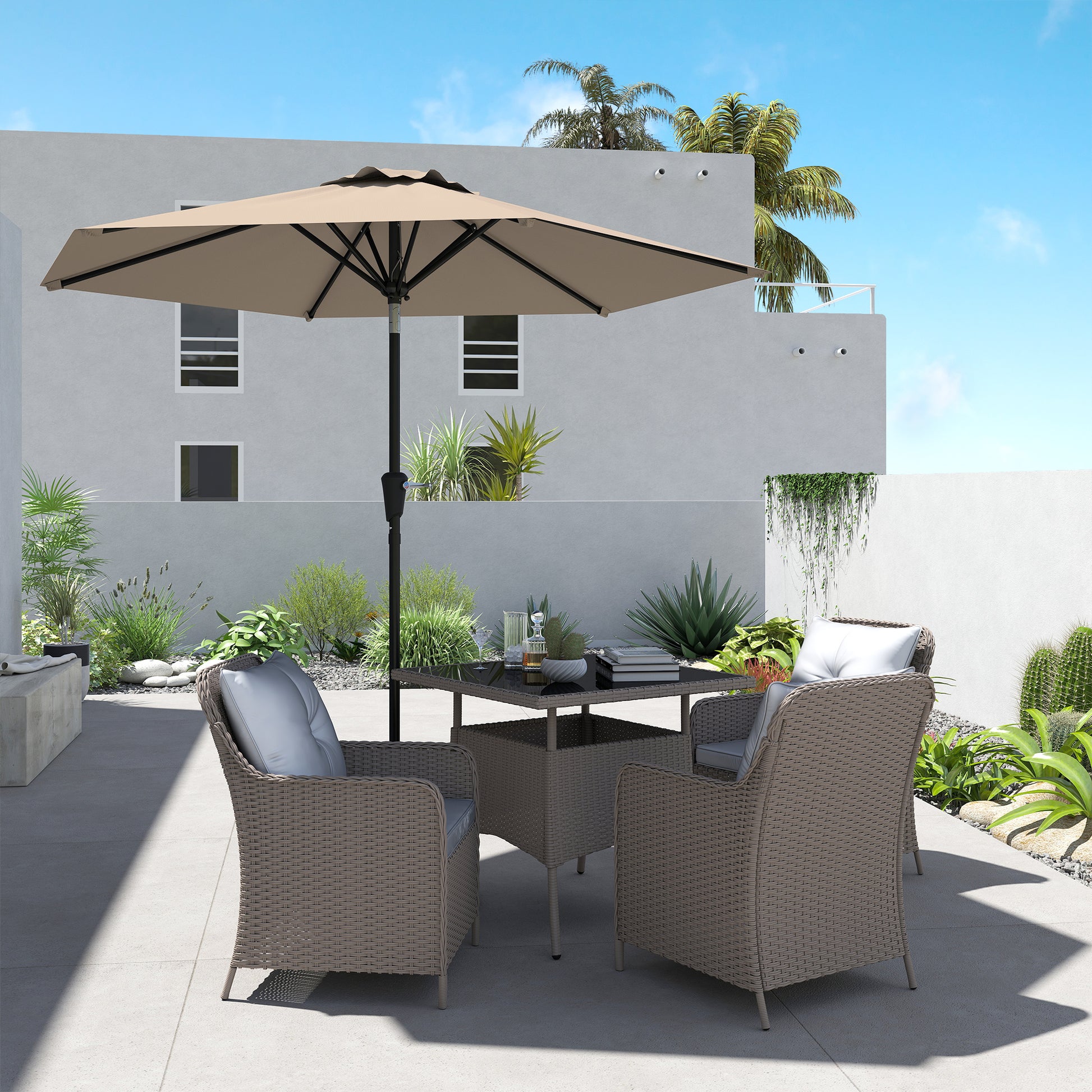 Patio Terrace Umbrella Ø230 cm Garden Umbrella with Adjustable Angle and Crank Waterproof Sunshade for Patio Terrace in Khaki