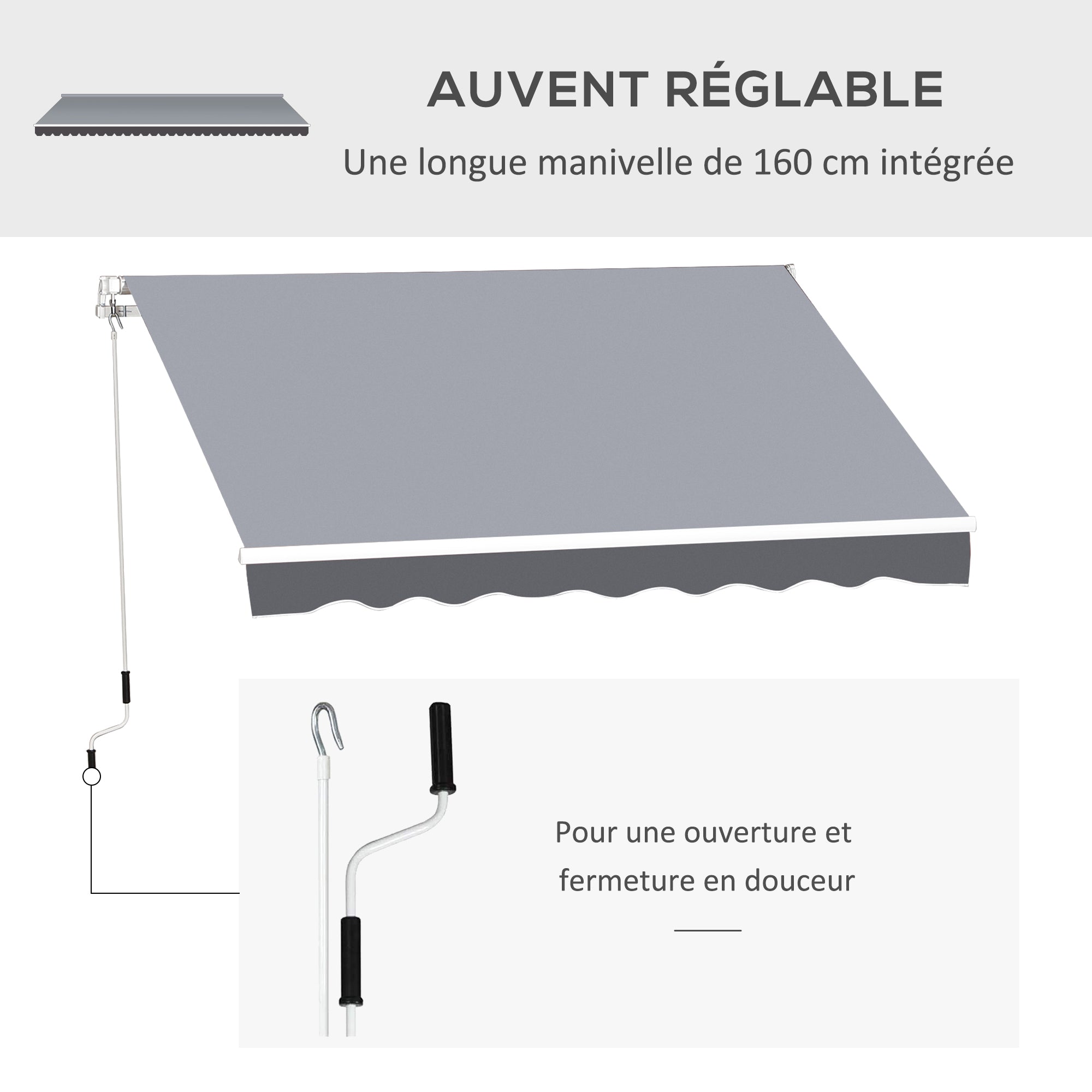 Retractable Manual Awning dim. 2.5W x 2D (projection) m adjustable tilt aluminum awning high-density waterproof gray polyester