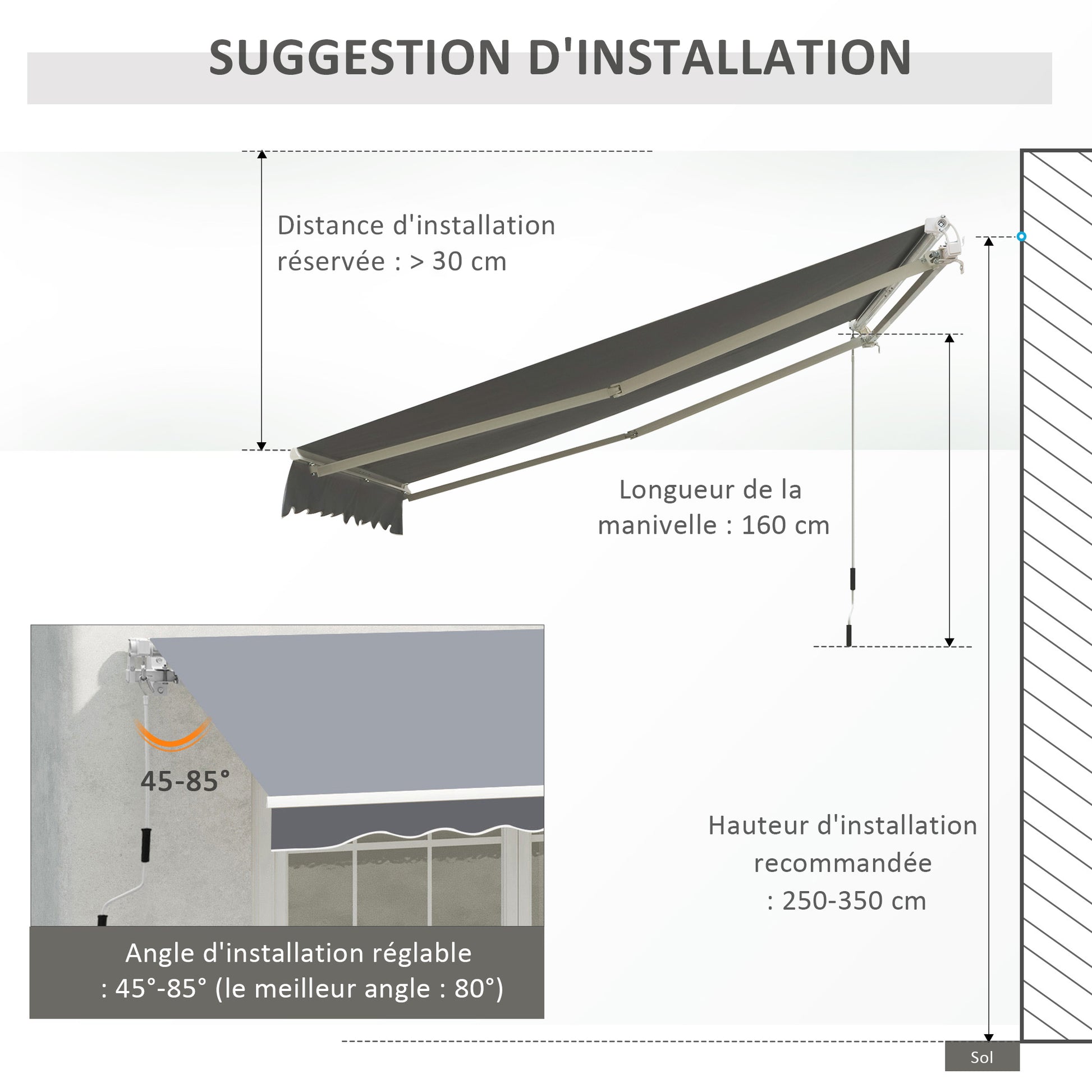 Retractable Manual Awning dim. 2.5W x 2D (projection) m adjustable tilt aluminum awning high-density waterproof gray polyester