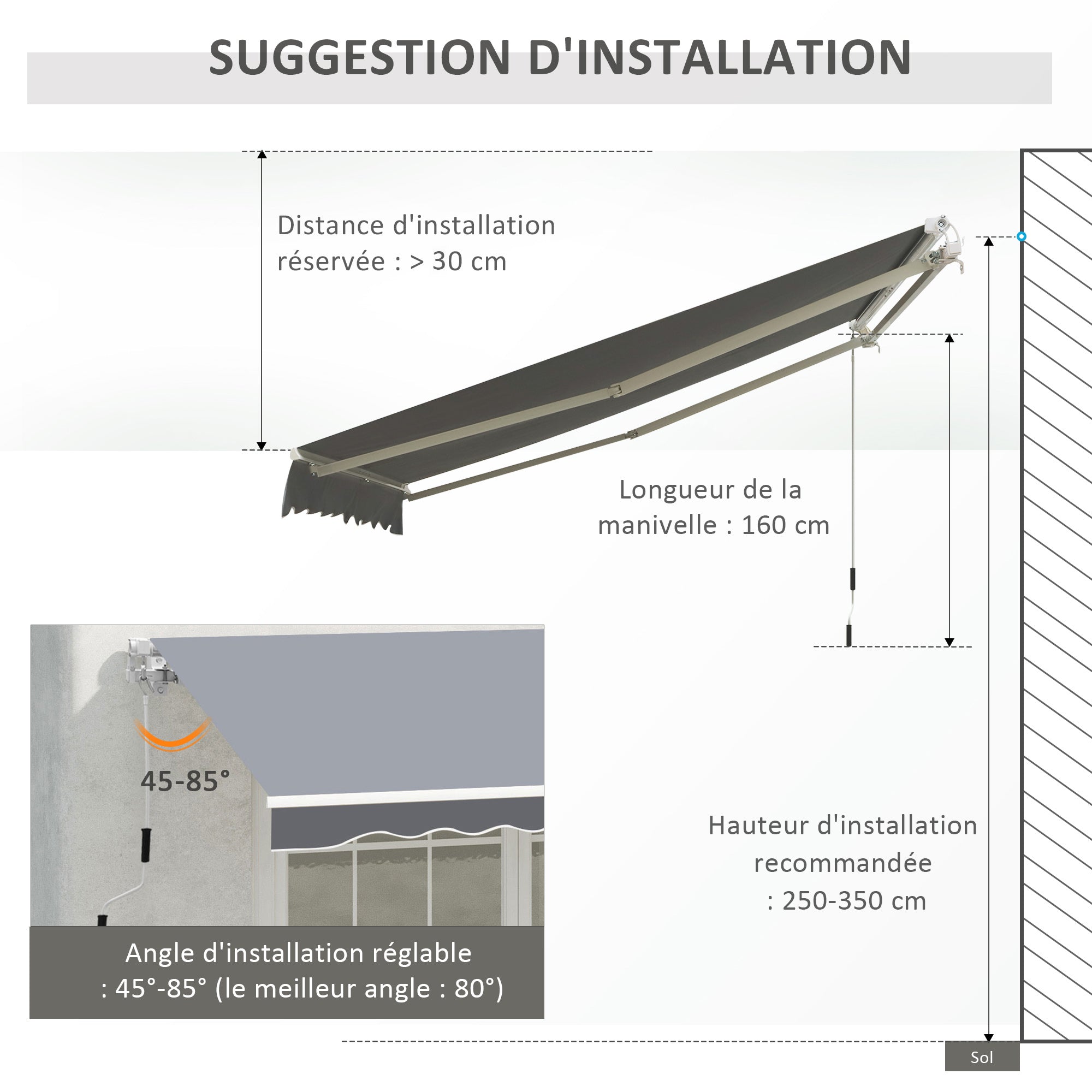 Retractable Manual Awning dim. 2.5W x 2D (projection) m adjustable tilt aluminum awning high-density waterproof gray polyester