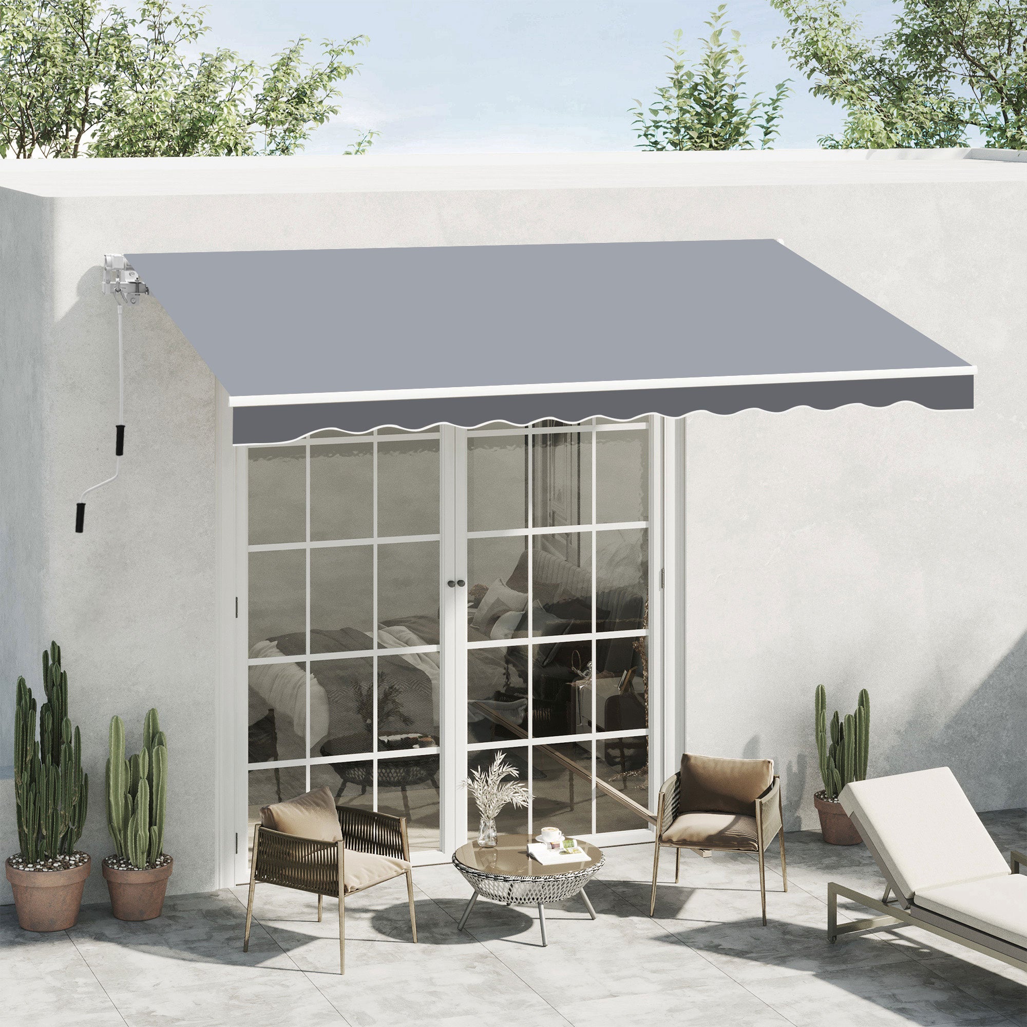 Retractable Manual Awning dim. 2.5W x 2D (projection) m adjustable tilt aluminum awning high-density waterproof gray polyester