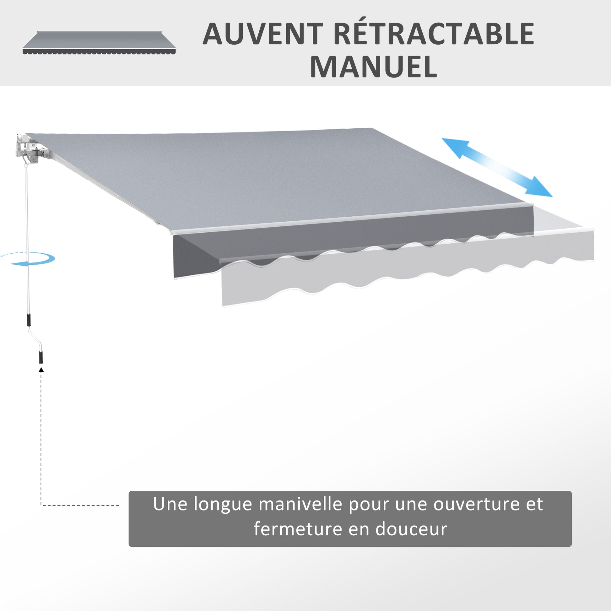 Retractable Manual Awning dim. 2.5W x 2D (projection) m adjustable tilt aluminum awning high-density waterproof gray polyester
