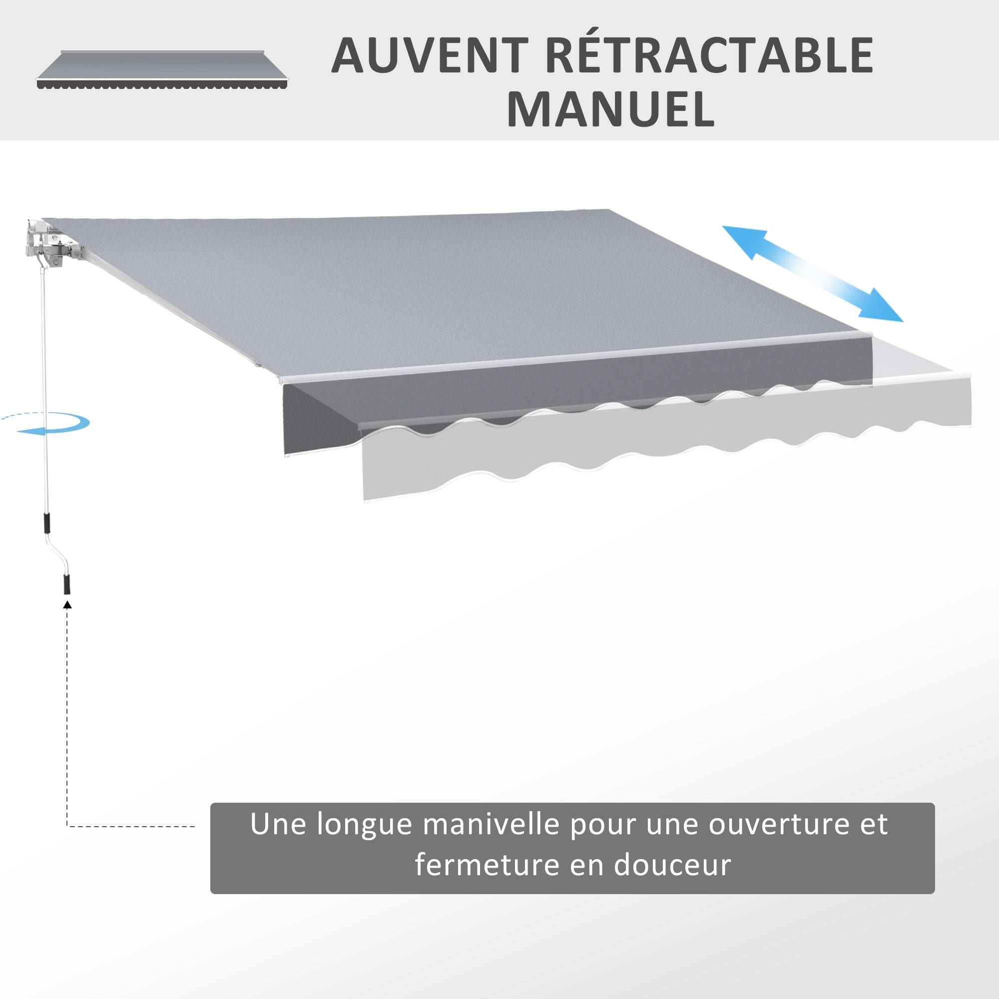 Retractable Manual Awning dim. 2.5W x 2D (projection) m adjustable tilt aluminum awning high-density waterproof gray polyester