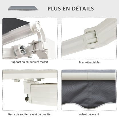 Retractable Manual Awning dim. 2.5W x 2D (projection) m adjustable tilt aluminum awning high-density waterproof gray polyester