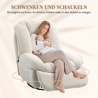 Recliner Chair, TV Chair with Reclining Function, Rocking Function, Swivel TV Chair with Footstool, Side Pocket, Chenille Look for Living Room, up to 150 kg, Cream