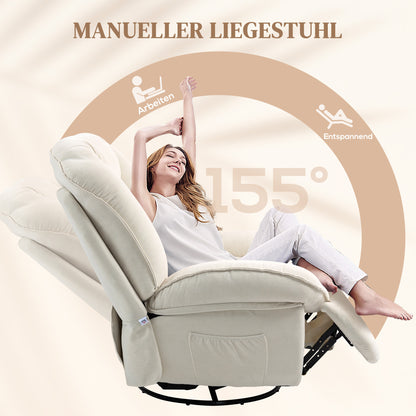 Recliner Chair, TV Chair with Reclining Function, Rocking Function, Swivel TV Chair with Footstool, Side Pocket, Chenille Look for Living Room, up to 150 kg, Cream