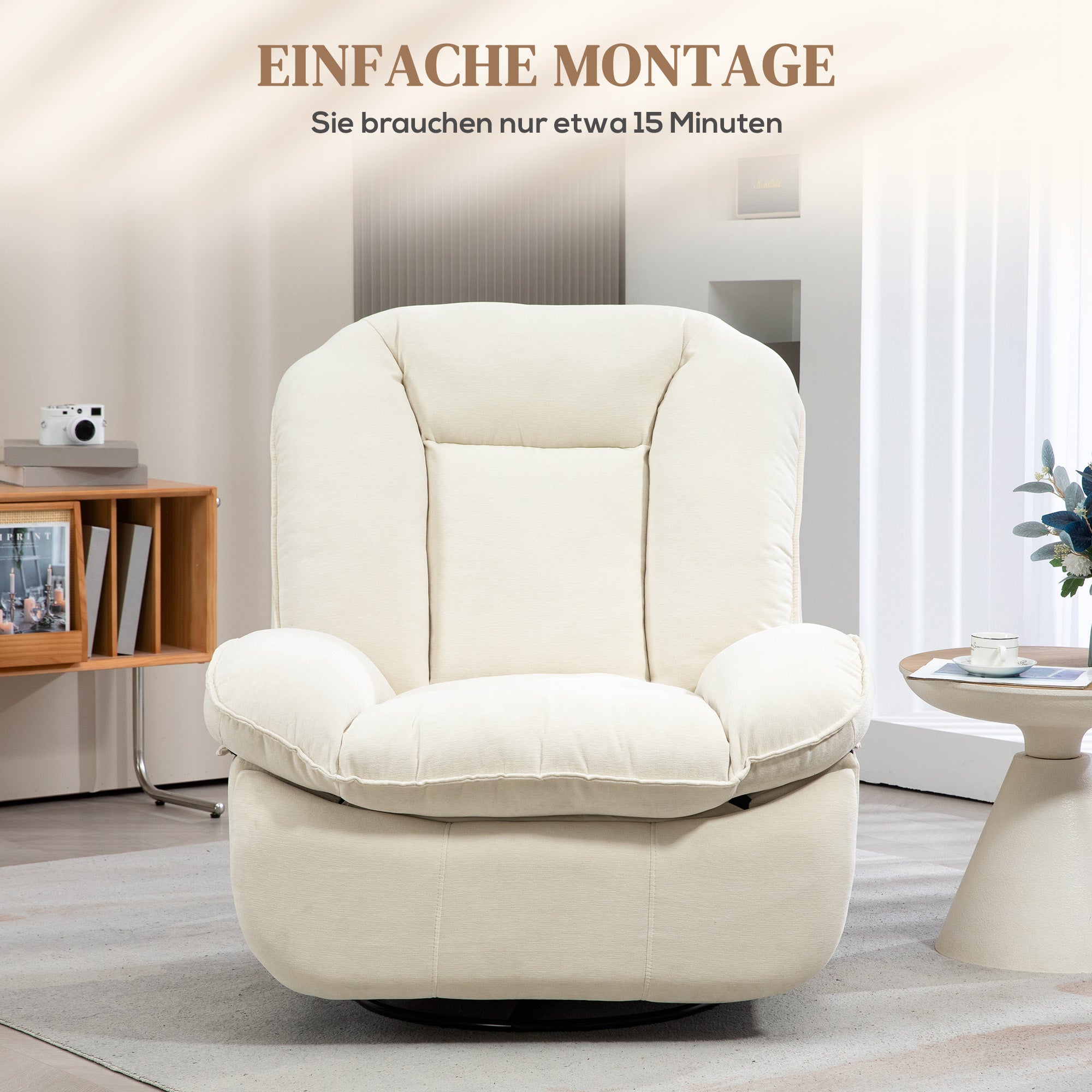 Recliner Chair, TV Chair with Reclining Function, Rocking Function, Swivel TV Chair with Footstool, Side Pocket, Chenille Look for Living Room, up to 150 kg, Cream