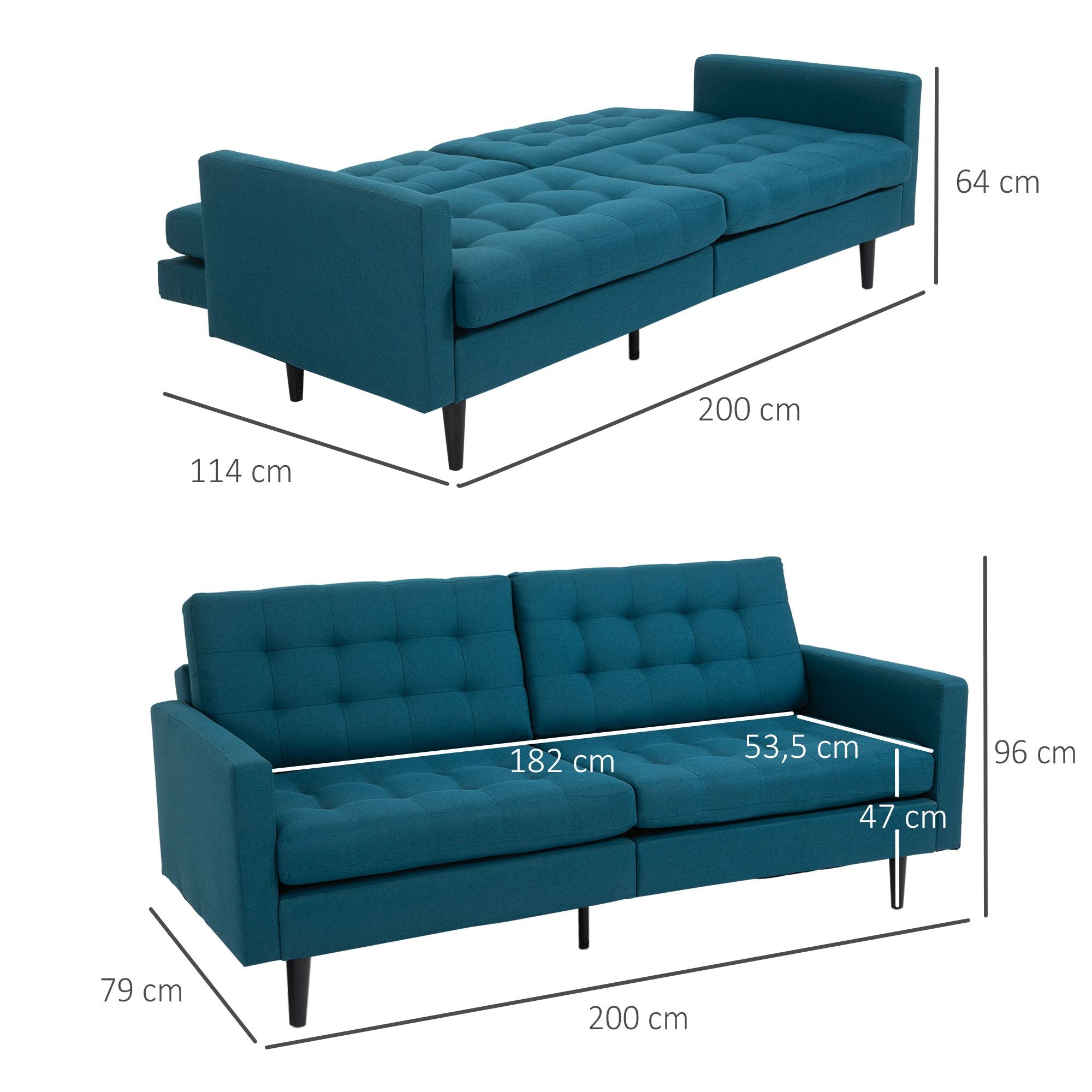 Contemporary Design 3-Seater Convertible Sofa Independently Reclining Backrest 3 Positions Duck Blue Linen