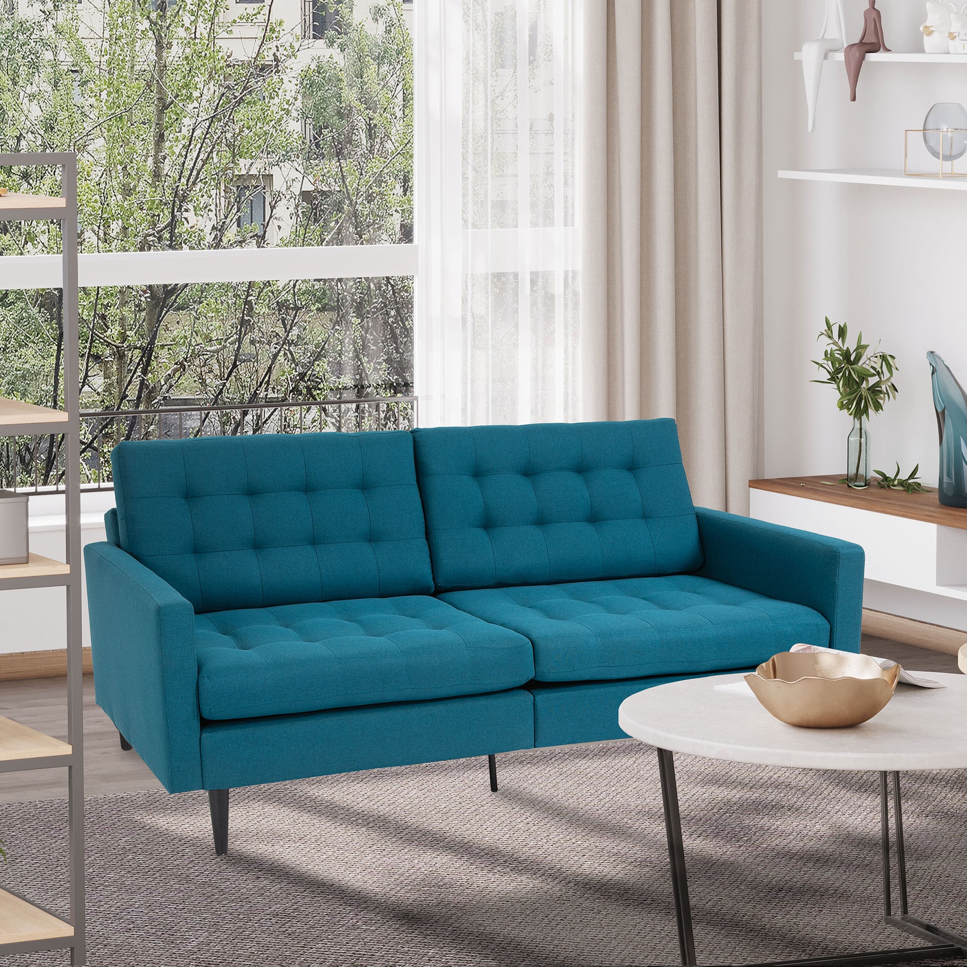 Contemporary Design 3-Seater Convertible Sofa Independently Reclining Backrest 3 Positions Duck Blue Linen