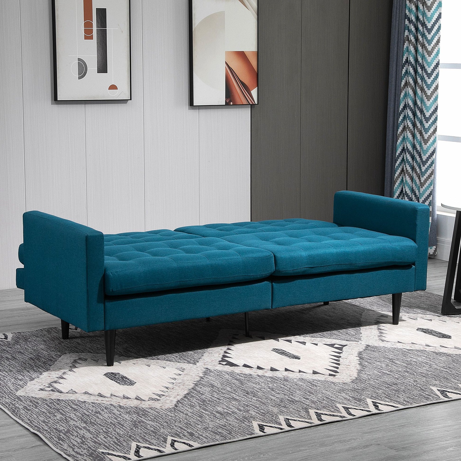 Contemporary Design 3-Seater Convertible Sofa Independently Reclining Backrest 3 Positions Duck Blue Linen