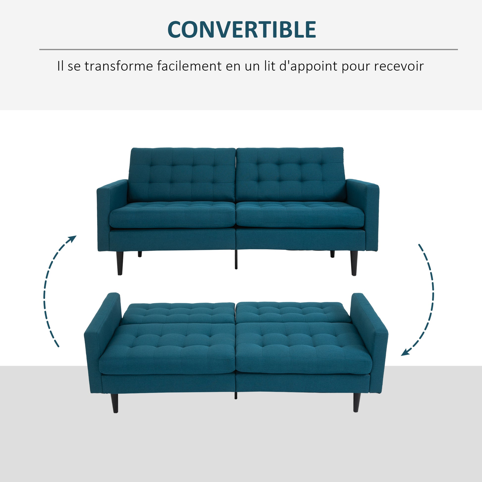Contemporary Design 3-Seater Convertible Sofa Independently Reclining Backrest 3 Positions Duck Blue Linen