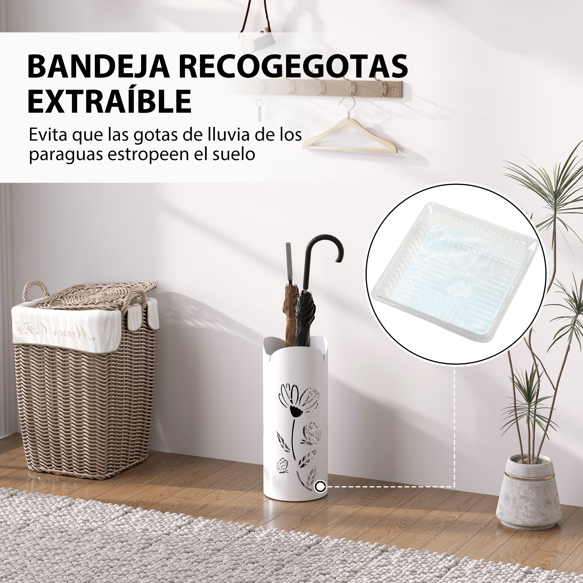Steel Umbrella Stand with 4 Hooks and Removable Drip Tray White Umbrella Holder for Entryway Office 17x17x41 cm