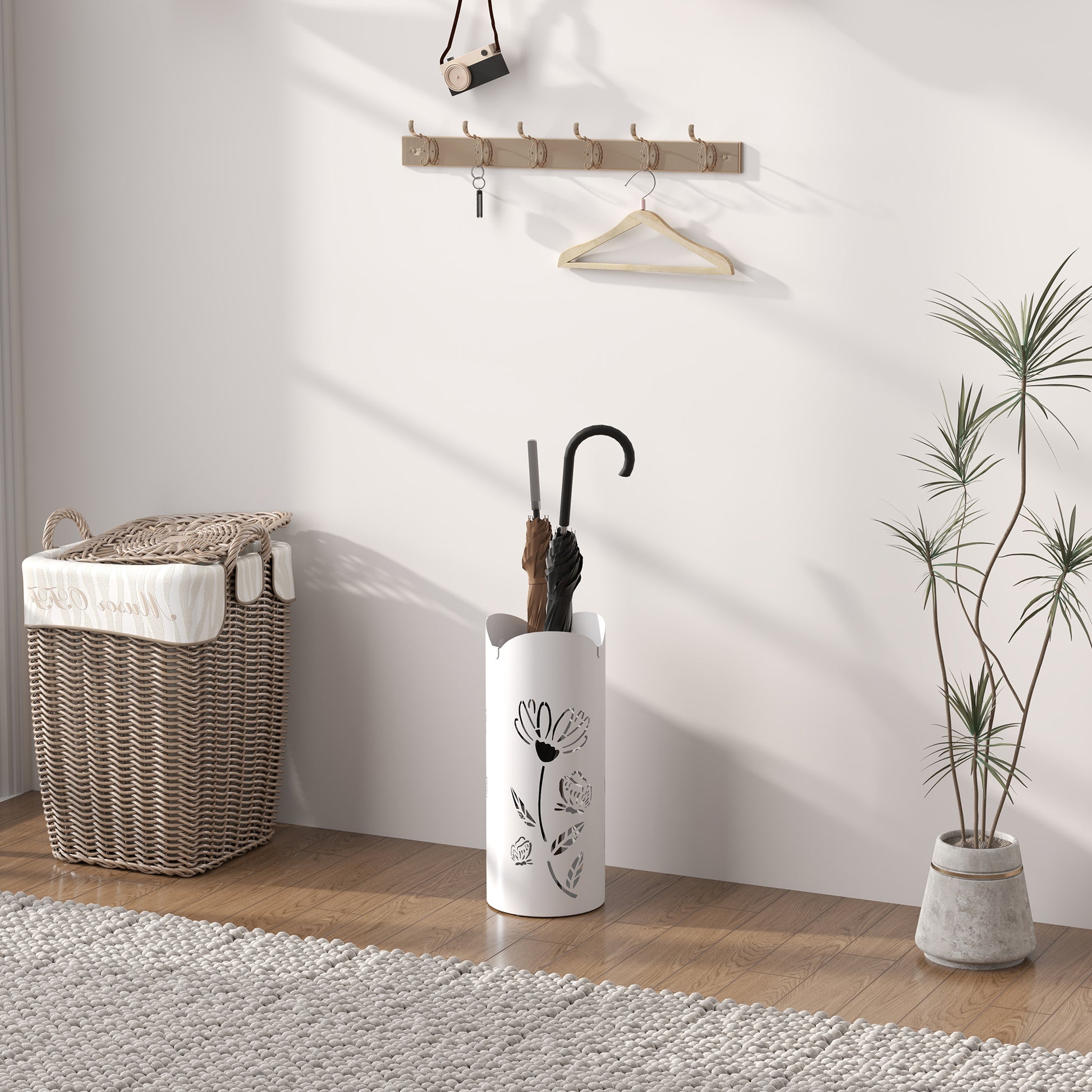 Steel Umbrella Stand with 4 Hooks and Removable Drip Tray White Umbrella Holder for Entryway Office 17x17x41 cm