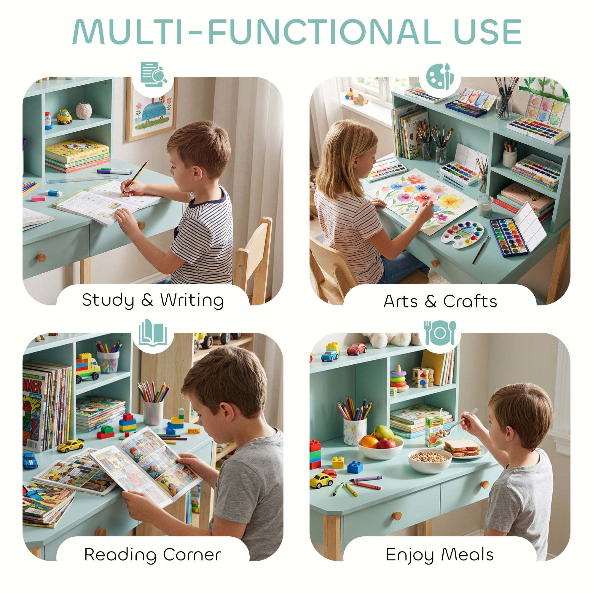 Kids Desk with 3 Open Compartments & 2 Drawers, Pine Legs, for Study/Entry/Bedroom, Ages 5–12 — 35.4×20.5×41.3 in (Green)
