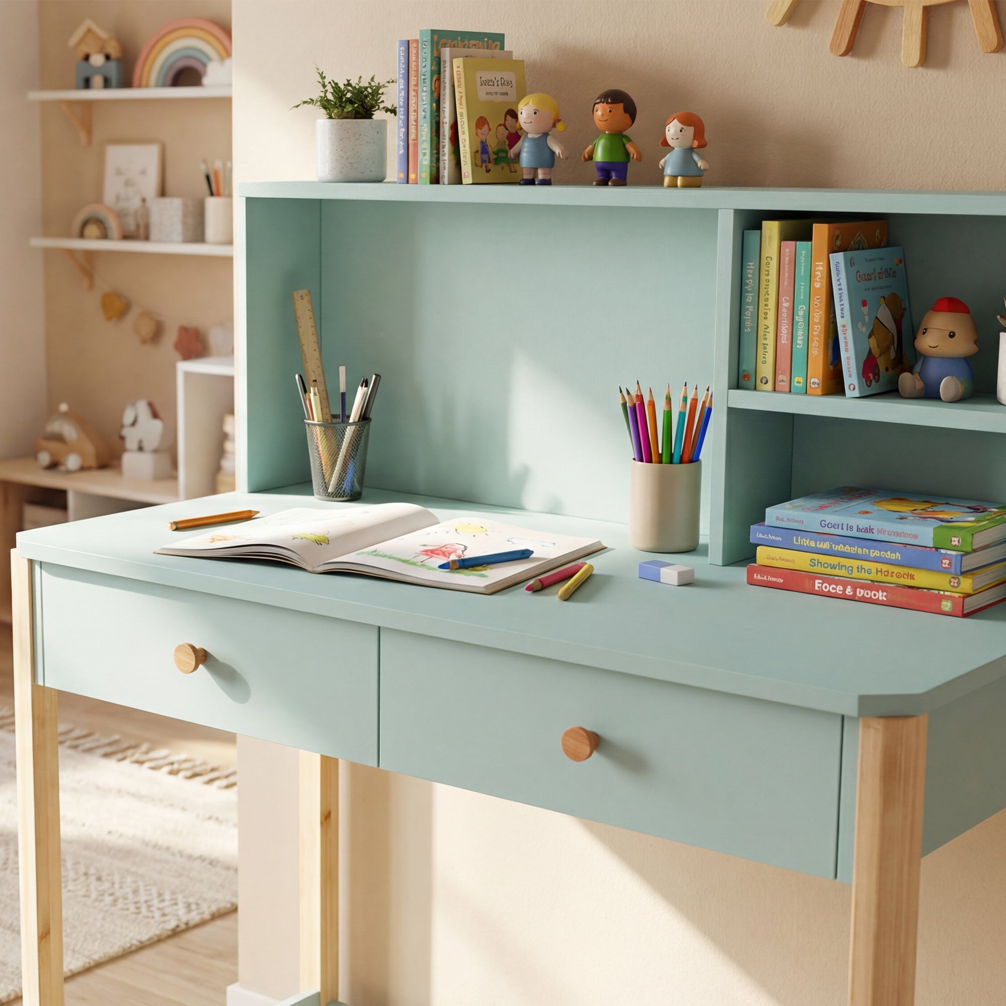 Kids Desk with 3 Open Compartments & 2 Drawers, Pine Legs, for Study/Entry/Bedroom, Ages 5–12 — 35.4×20.5×41.3 in (Green)