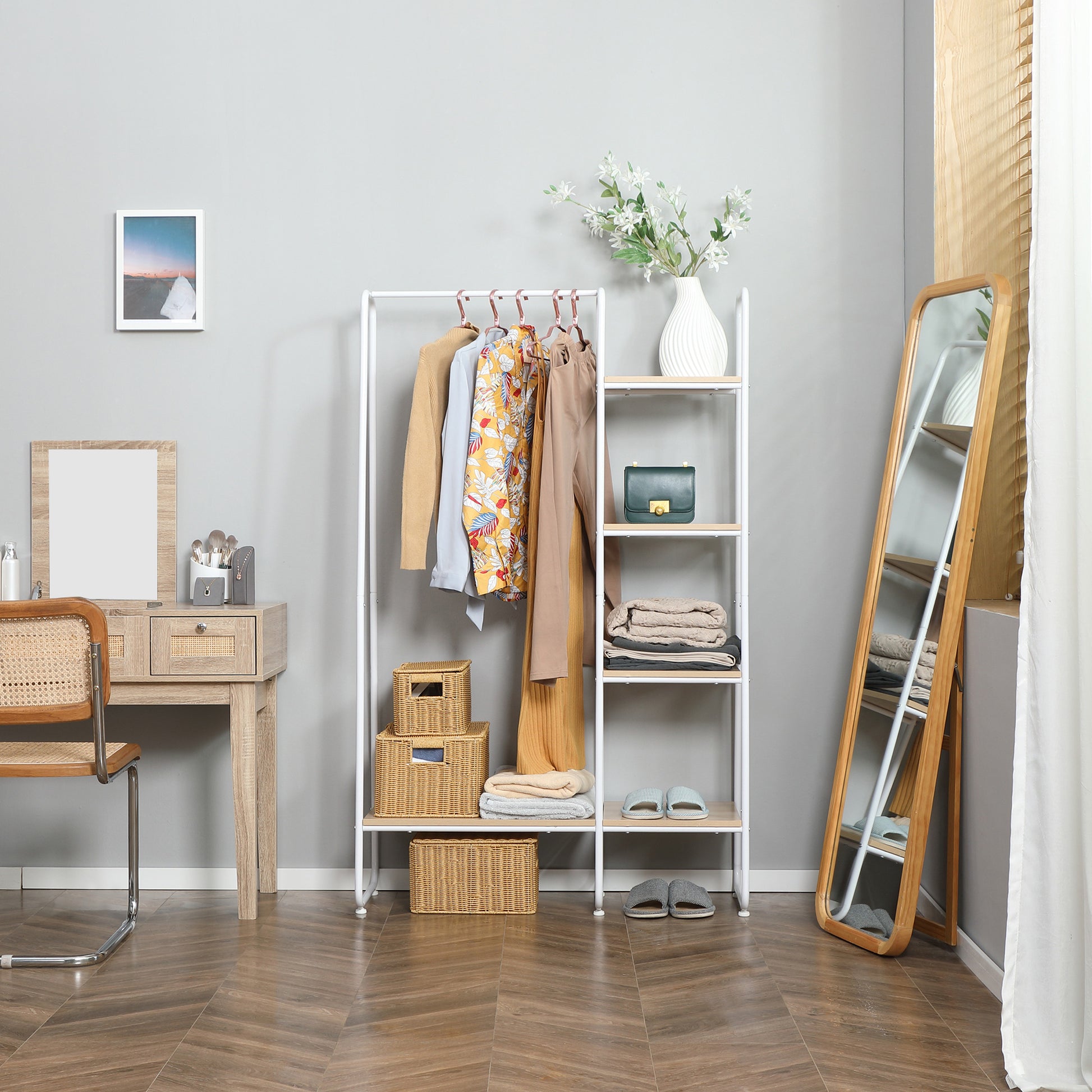 Wooden Clothes Rack with 5 Storage Shelves and Hanging Rod for Bedroom Living Room Entryway Industrial Style 101x39x160 cm Natural