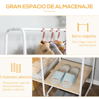 Wooden Clothes Rack with 5 Storage Shelves and Hanging Rod for Bedroom Living Room Entryway Industrial Style 101x39x160 cm Natural