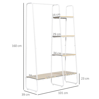 Wooden Clothes Rack with 5 Storage Shelves and Hanging Rod for Bedroom Living Room Entryway Industrial Style 101x39x160 cm Natural