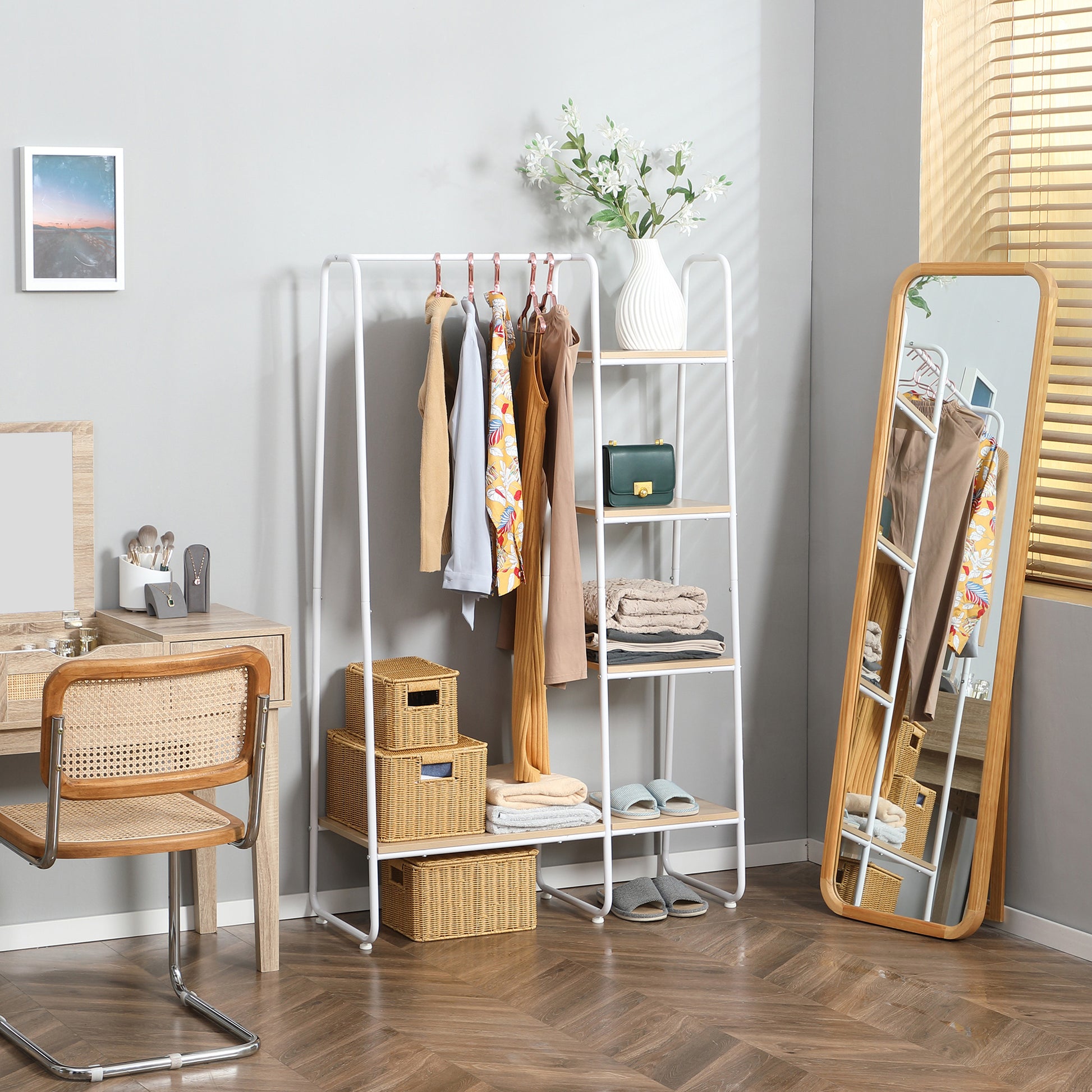 Wooden Clothes Rack with 5 Storage Shelves and Hanging Rod for Bedroom Living Room Entryway Industrial Style 101x39x160 cm Natural