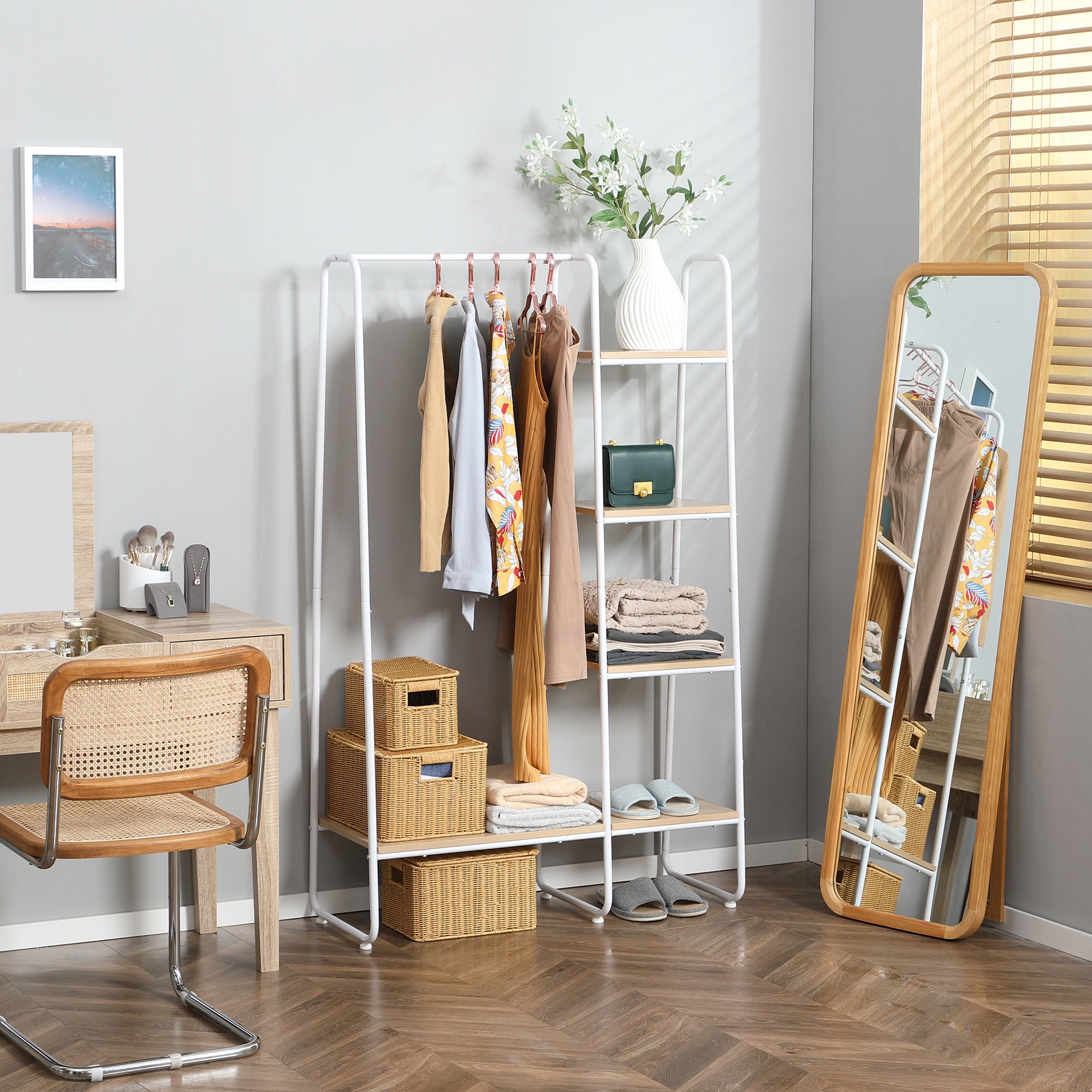 Wooden Clothes Rack with 5 Storage Shelves and Hanging Rod for Bedroom Living Room Entryway Industrial Style 101x39x160 cm Natural