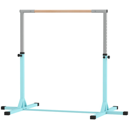 Adjustable Kids Gym Bar – 13 Heights (36–59 in), Beech Wood Bar & Steel Frame, Anti-Slip, Cyan