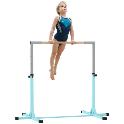 Adjustable Kids Gym Bar – 13 Heights (36–59 in), Beech Wood Bar & Steel Frame, Anti-Slip, Cyan