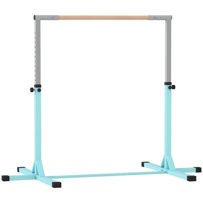 Adjustable Kids Gym Bar – 13 Heights (36–59 in), Beech Wood Bar & Steel Frame, Anti-Slip, Cyan