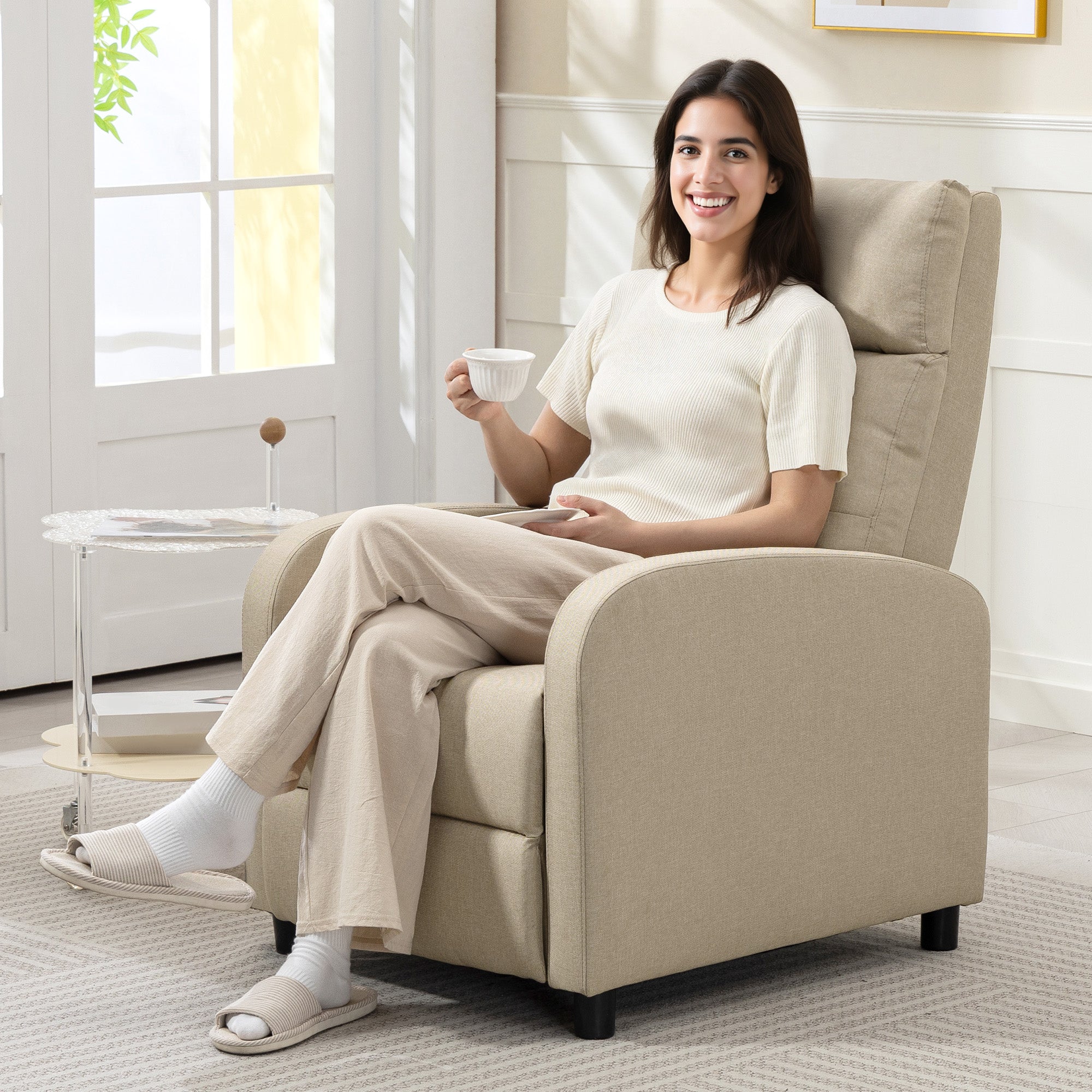 Recliner Armchair with Footrest, Linen-Look Upholstery, Pocket-Spring Seat, Reclines up to 155°, Supports up to 331 lb – Beige