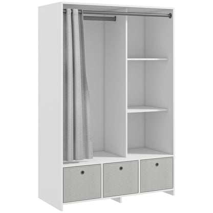 Wardrobe, dressing room with curtain, bedroom clothing wardrobe, wardrobe with hanger, 3 compartments, and 3 removable fabric drawers - 105 x 48 x 160 cm, white