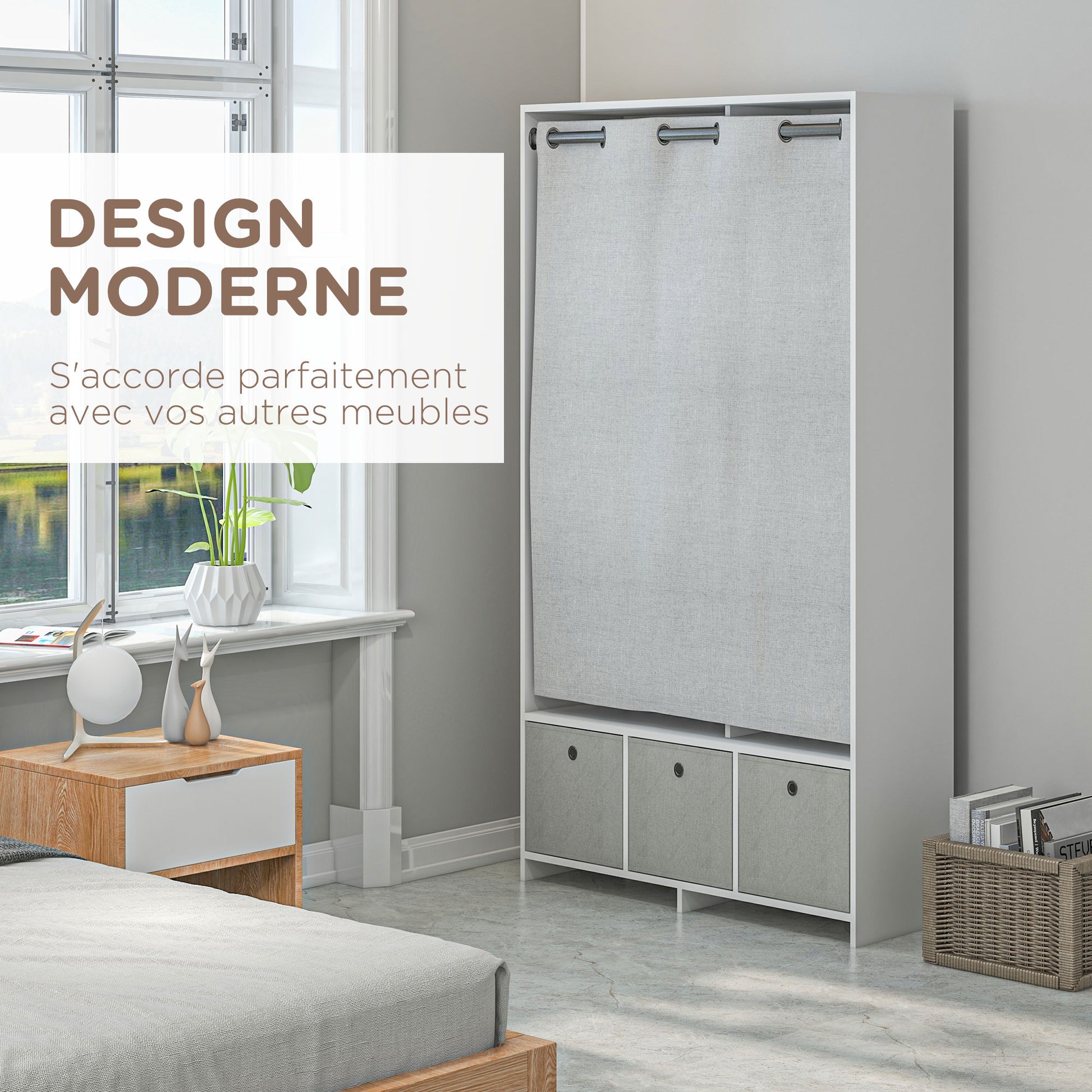 Wardrobe, dressing room with curtain, bedroom clothing wardrobe, wardrobe with hanger, 3 compartments, and 3 removable fabric drawers - 105 x 48 x 160 cm, white
