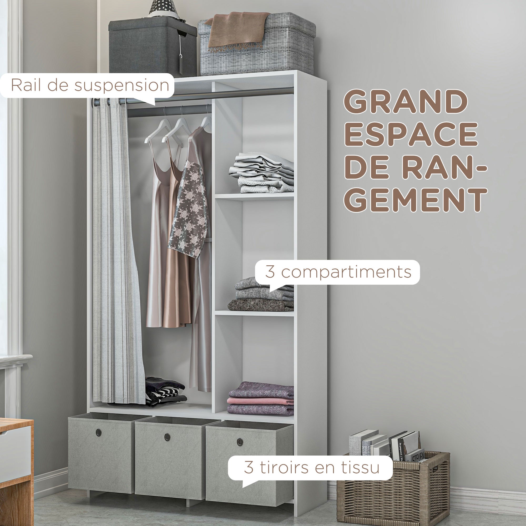 Wardrobe, dressing room with curtain, bedroom clothing wardrobe, wardrobe with hanger, 3 compartments, and 3 removable fabric drawers - 105 x 48 x 160 cm, white