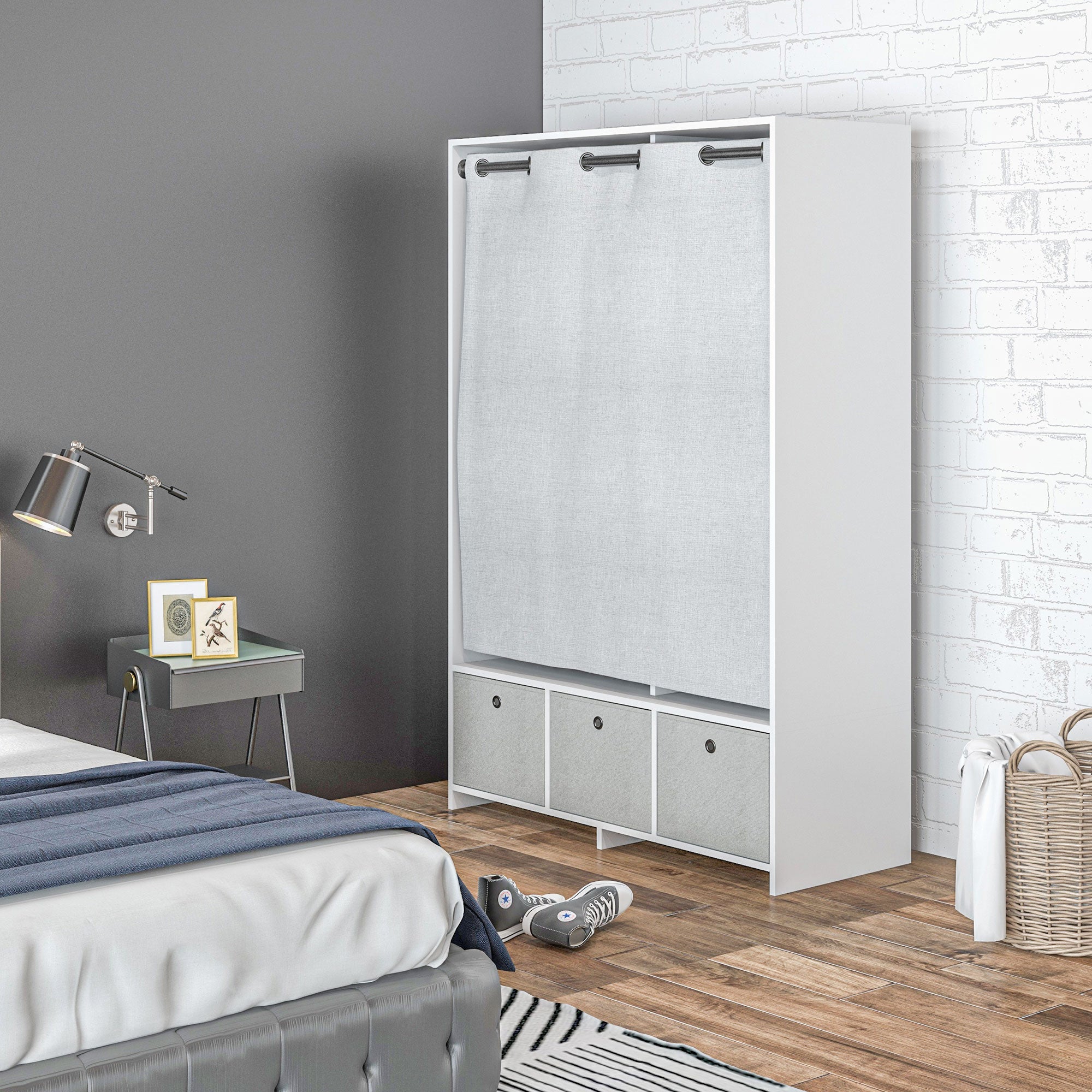 Wardrobe, dressing room with curtain, bedroom clothing wardrobe, wardrobe with hanger, 3 compartments, and 3 removable fabric drawers - 105 x 48 x 160 cm, white