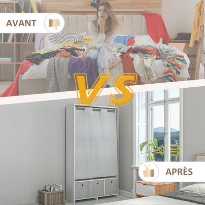 Wardrobe, dressing room with curtain, bedroom clothing wardrobe, wardrobe with hanger, 3 compartments, and 3 removable fabric drawers - 105 x 48 x 160 cm, white