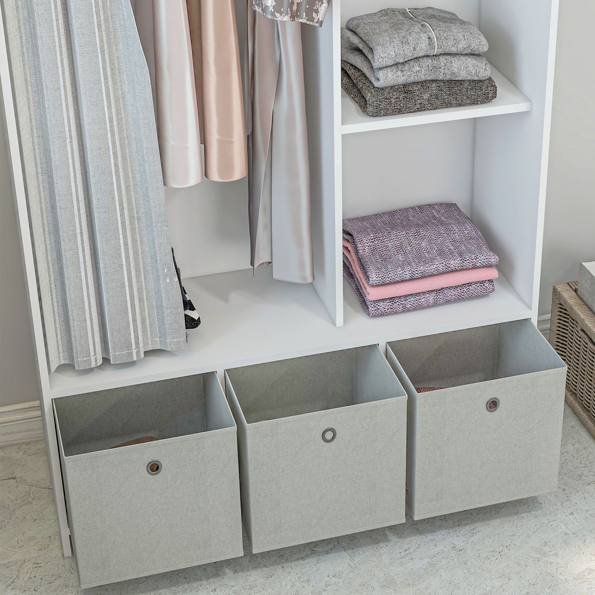 Wardrobe, dressing room with curtain, bedroom clothing wardrobe, wardrobe with hanger, 3 compartments, and 3 removable fabric drawers - 105 x 48 x 160 cm, white