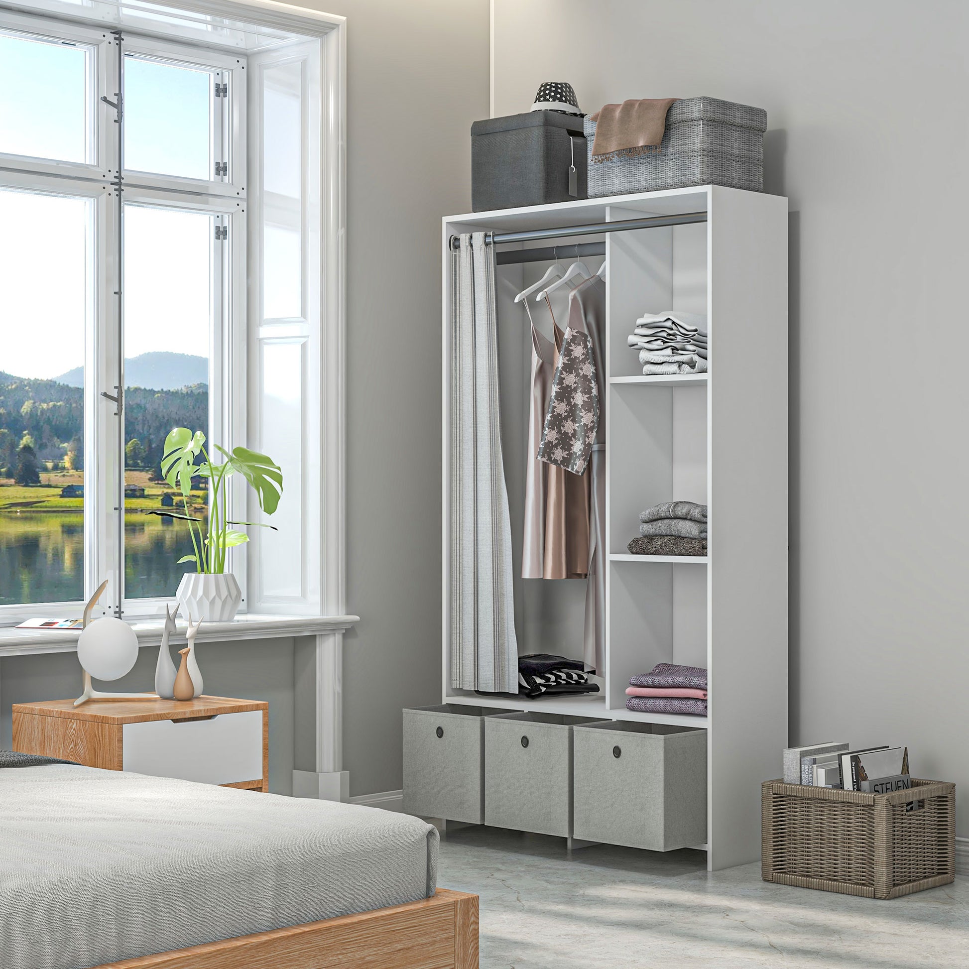 Wardrobe, dressing room with curtain, bedroom clothing wardrobe, wardrobe with hanger, 3 compartments, and 3 removable fabric drawers - 105 x 48 x 160 cm, white