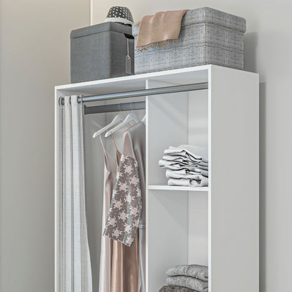 Wardrobe, dressing room with curtain, bedroom clothing wardrobe, wardrobe with hanger, 3 compartments, and 3 removable fabric drawers - 105 x 48 x 160 cm, white