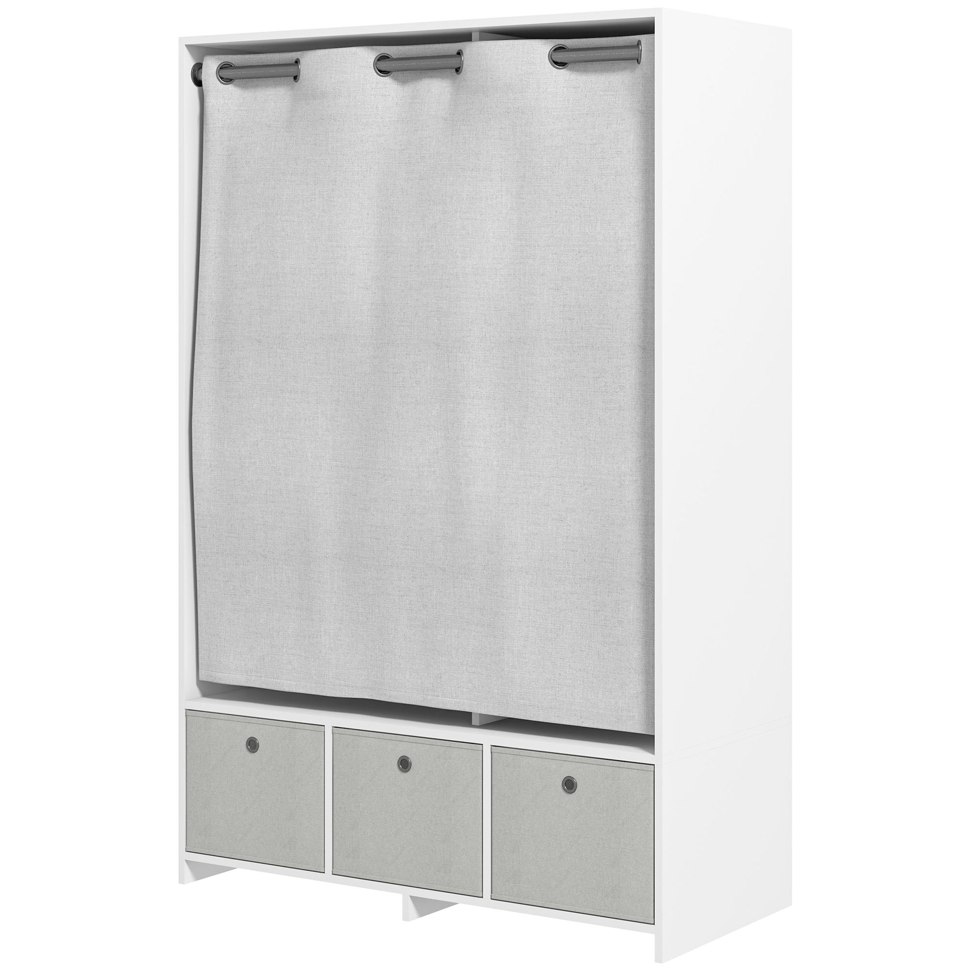 Wardrobe, dressing room with curtain, bedroom clothing wardrobe, wardrobe with hanger, 3 compartments, and 3 removable fabric drawers - 105 x 48 x 160 cm, white