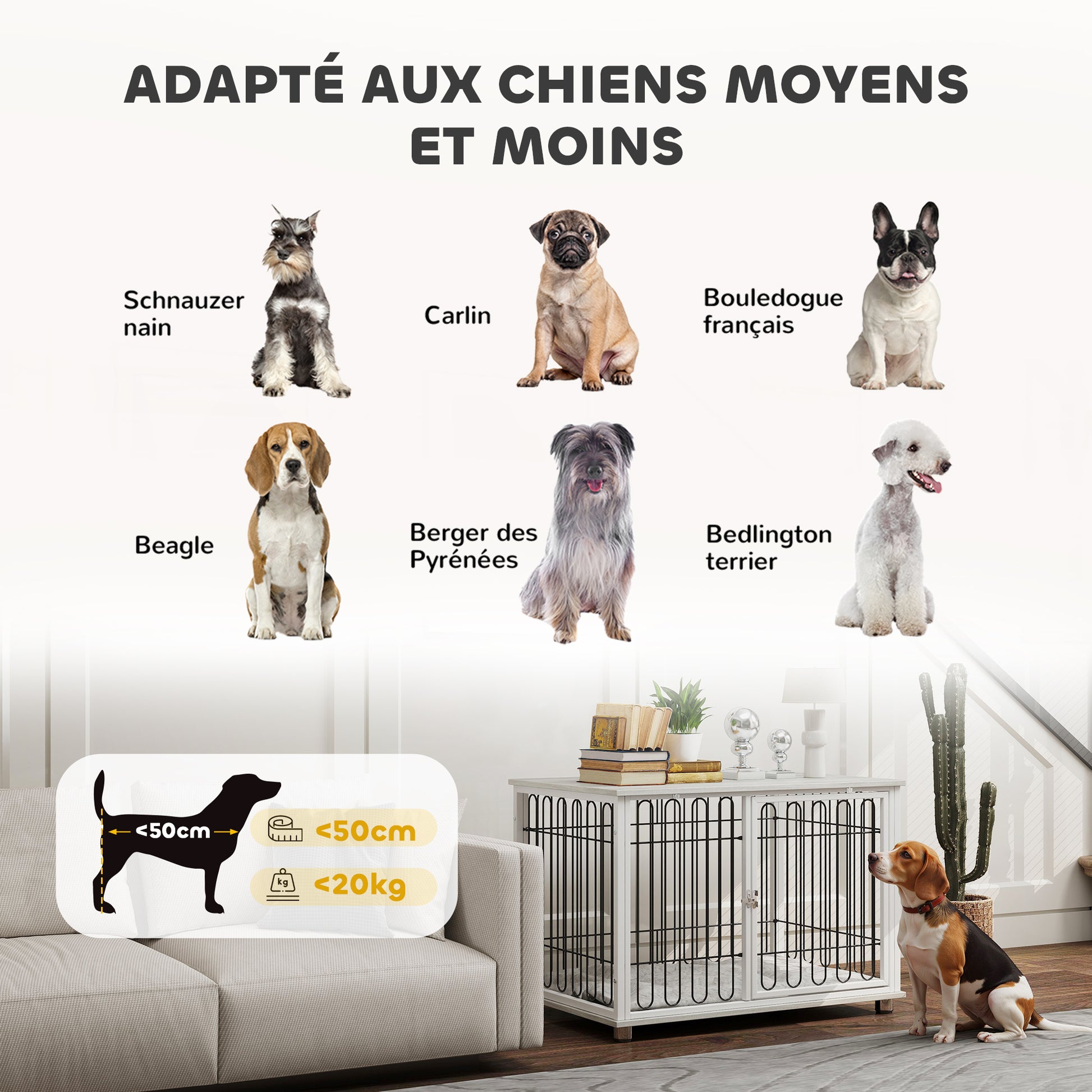 Dog Cage, Dog Crate with Cushion, Adjustable Feet, Side Table, Solid Steel Wire, for Medium Dogs up to 20 kg, 90 x 58 x 62.5 cm, Gray