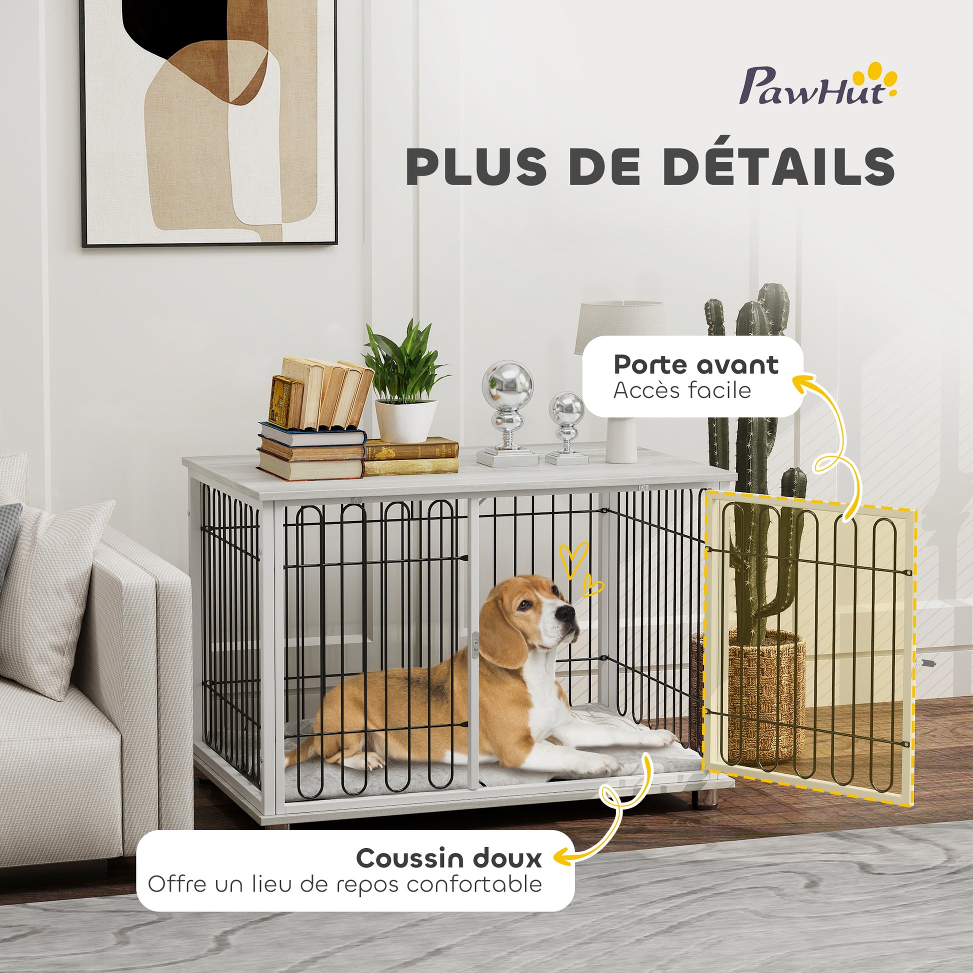 Dog Cage, Dog Crate with Cushion, Adjustable Feet, Side Table, Solid Steel Wire, for Medium Dogs up to 20 kg, 90 x 58 x 62.5 cm, Gray