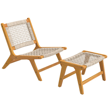 2-Piece Acacia Wood Outdoor Lounge Chair with Ottoman – FSC-Certified, Polyrattan Rattan Seat, Boho Style, Adjustable Feet, Beige (350 lb)