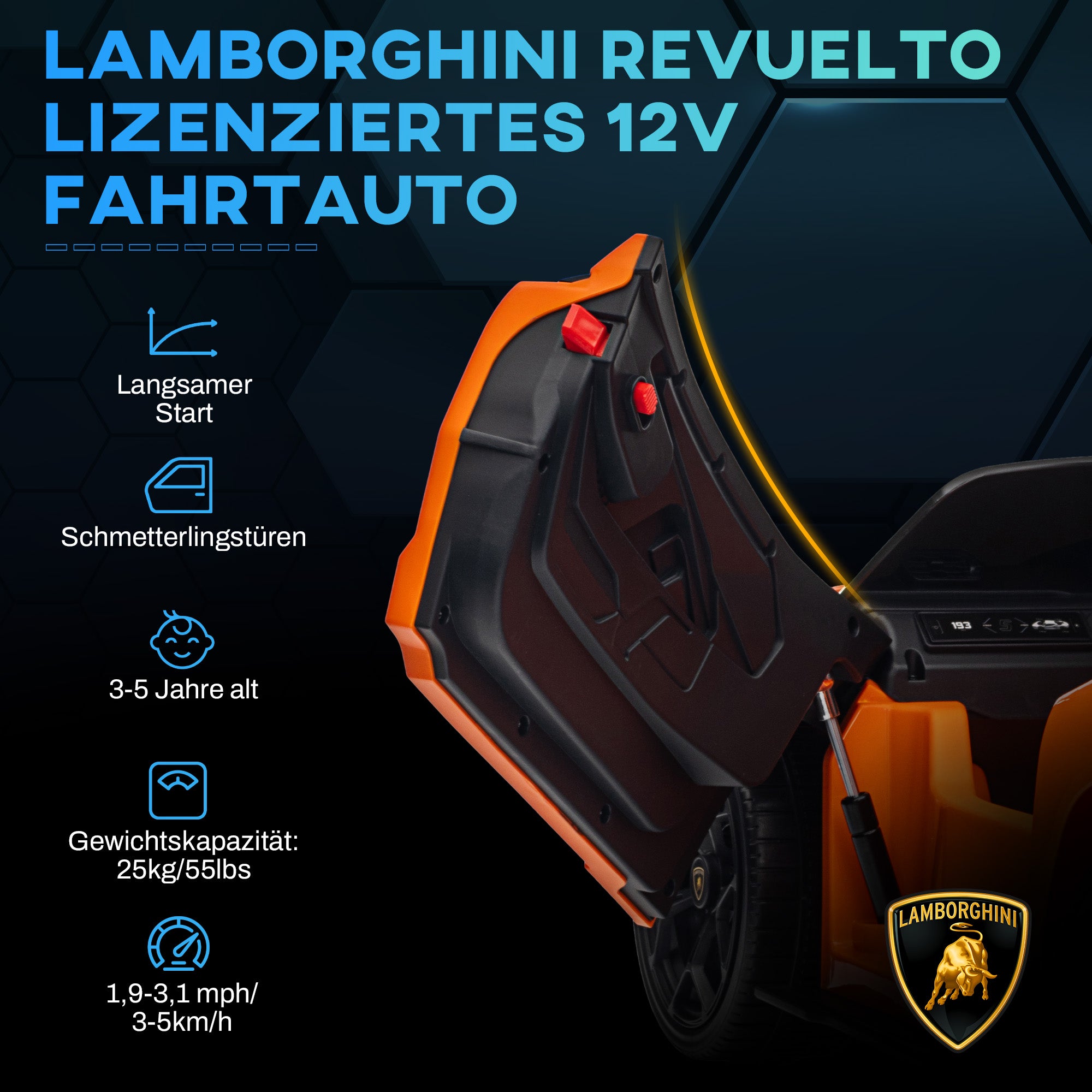 Kids Electric Car 12V Children's Vehicle with 2.4G Remote Control, Electric Car with LED Light, USB/MP3 Connection, Gullwing Door, Spring-loaded Wheels, 3-5 km/h, for Kids 3-5 Years, Orange